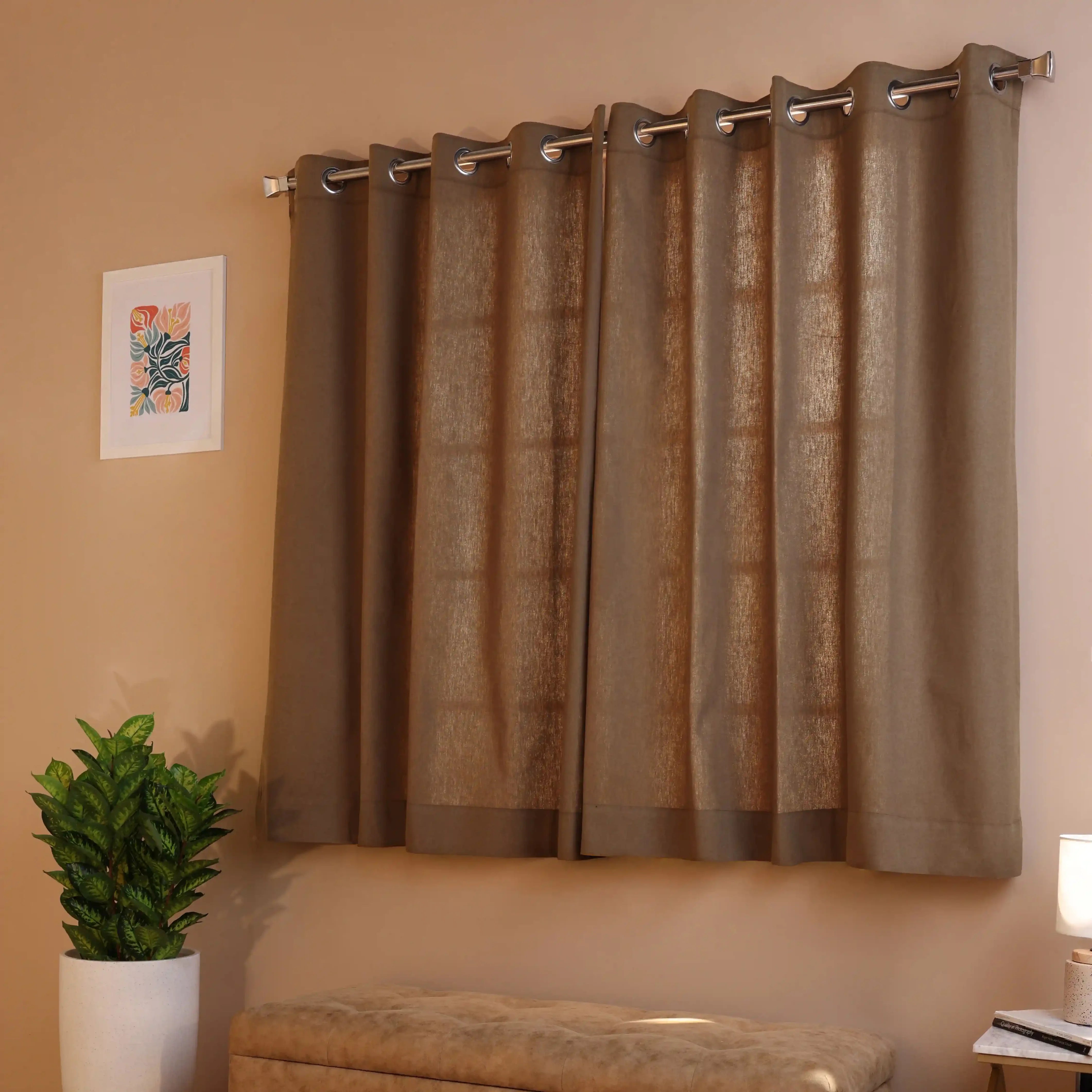 Pelushe Set Of 2 100% Cotton Solid Readymade Curtains | Everyday Hues Woodsmoke / Window (5ft X 4.4ft)