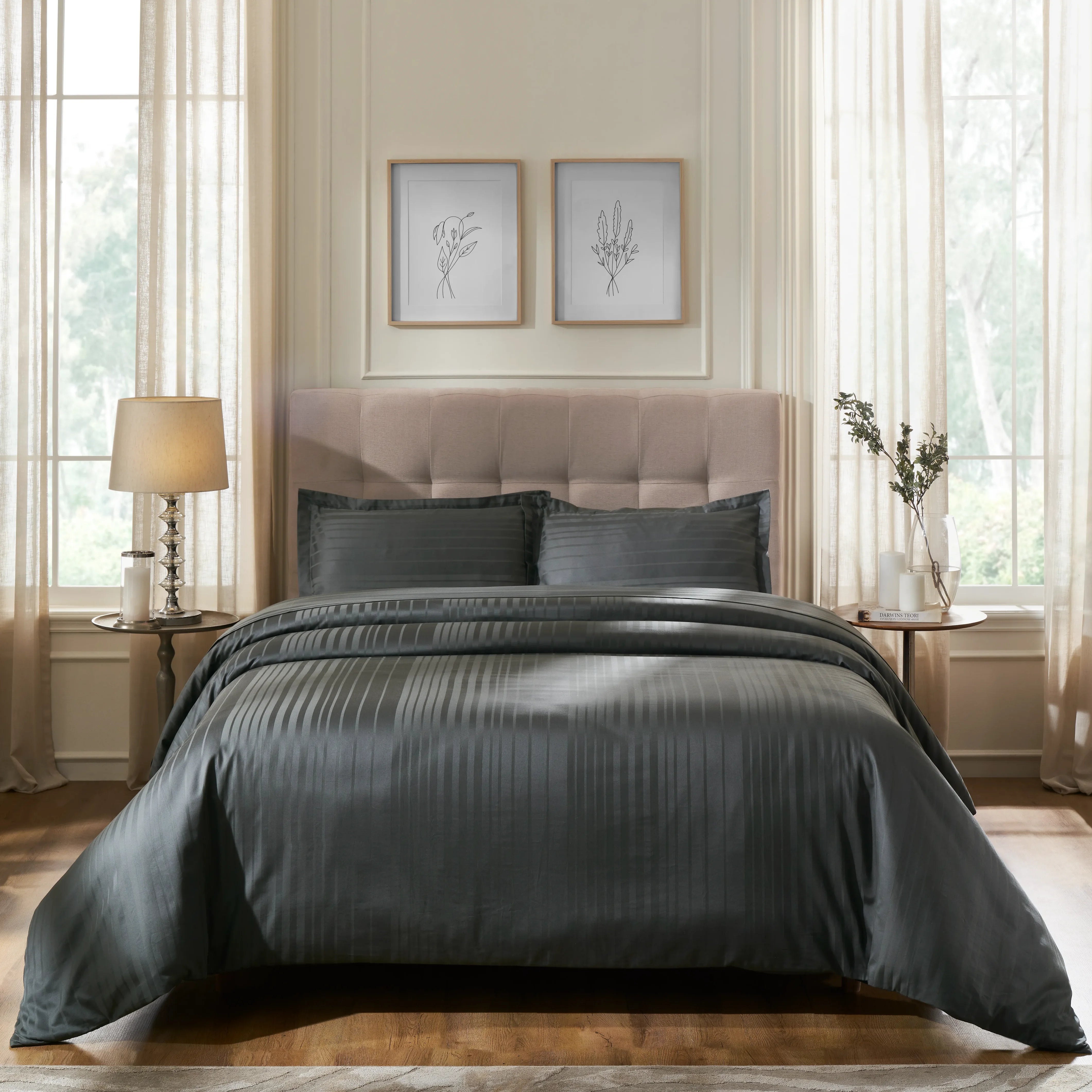 Seraya | 400TC Varigated Stripes Super Soft Fitted Sheet Set Dark Grey / King