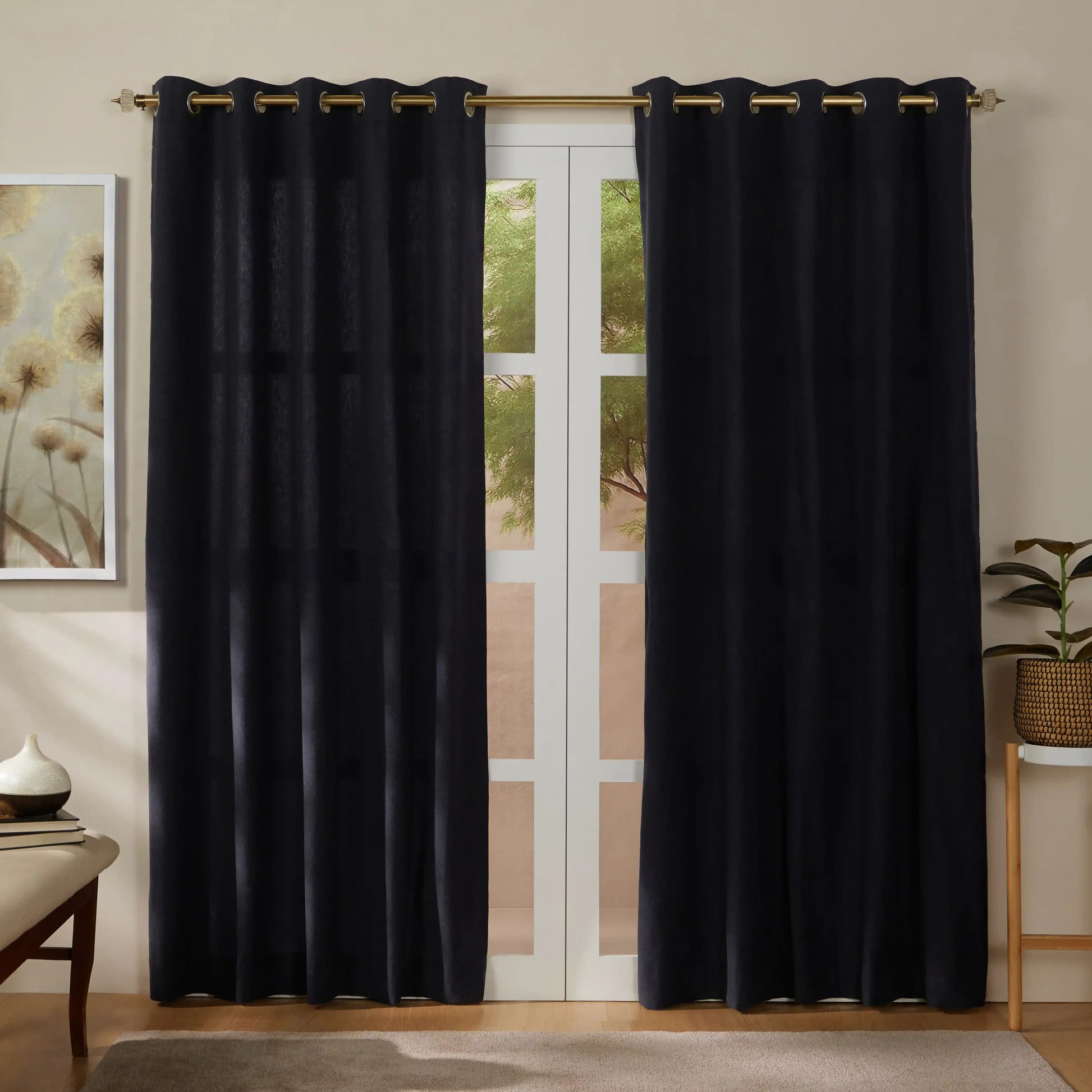 Pelushe Set Of 2 100% Cotton Solid Readymade Curtains | Everyday Hues Black Beauty / Door-XL (9ft X 4.4ft)
