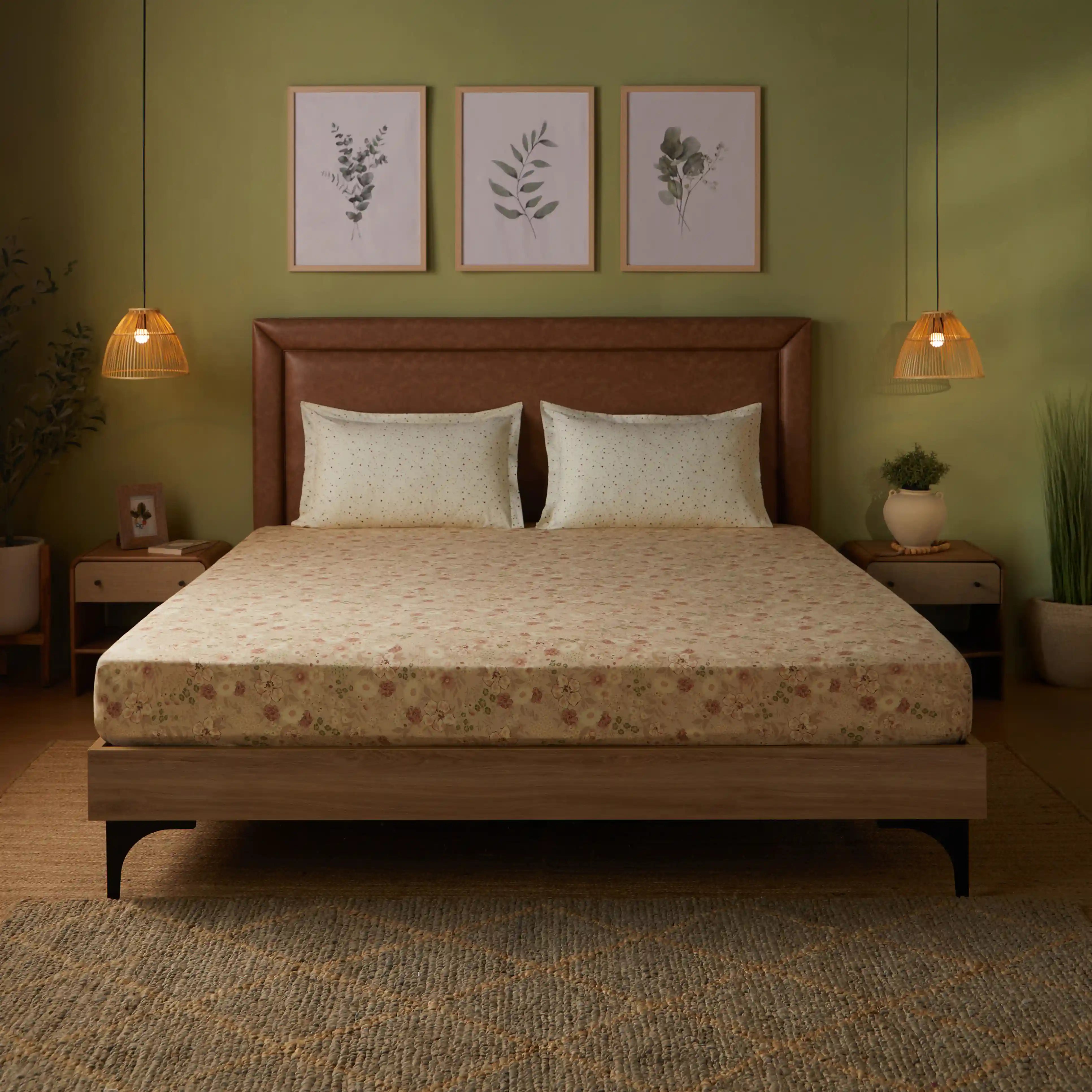 Mishella Printed Beige Fitted Sheet Set Beige / Queen