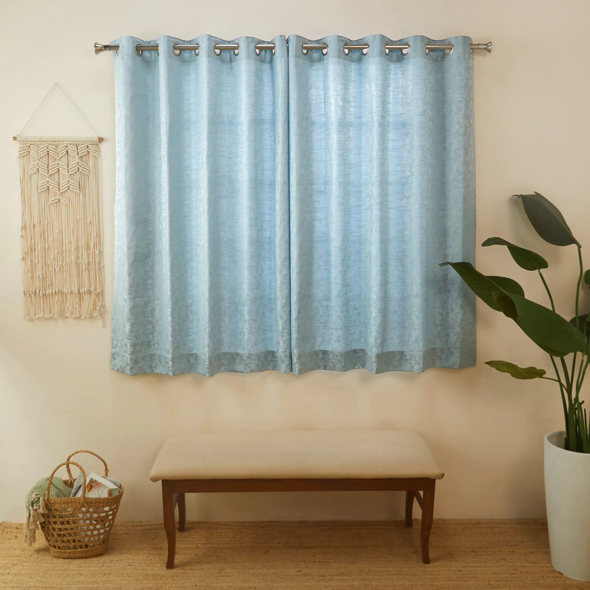 De Jacquard - Classic Set Of 2 Jacquard Readymade Curtains | Textured tales Ocean Haze / Window (5ft X 4.4ft)