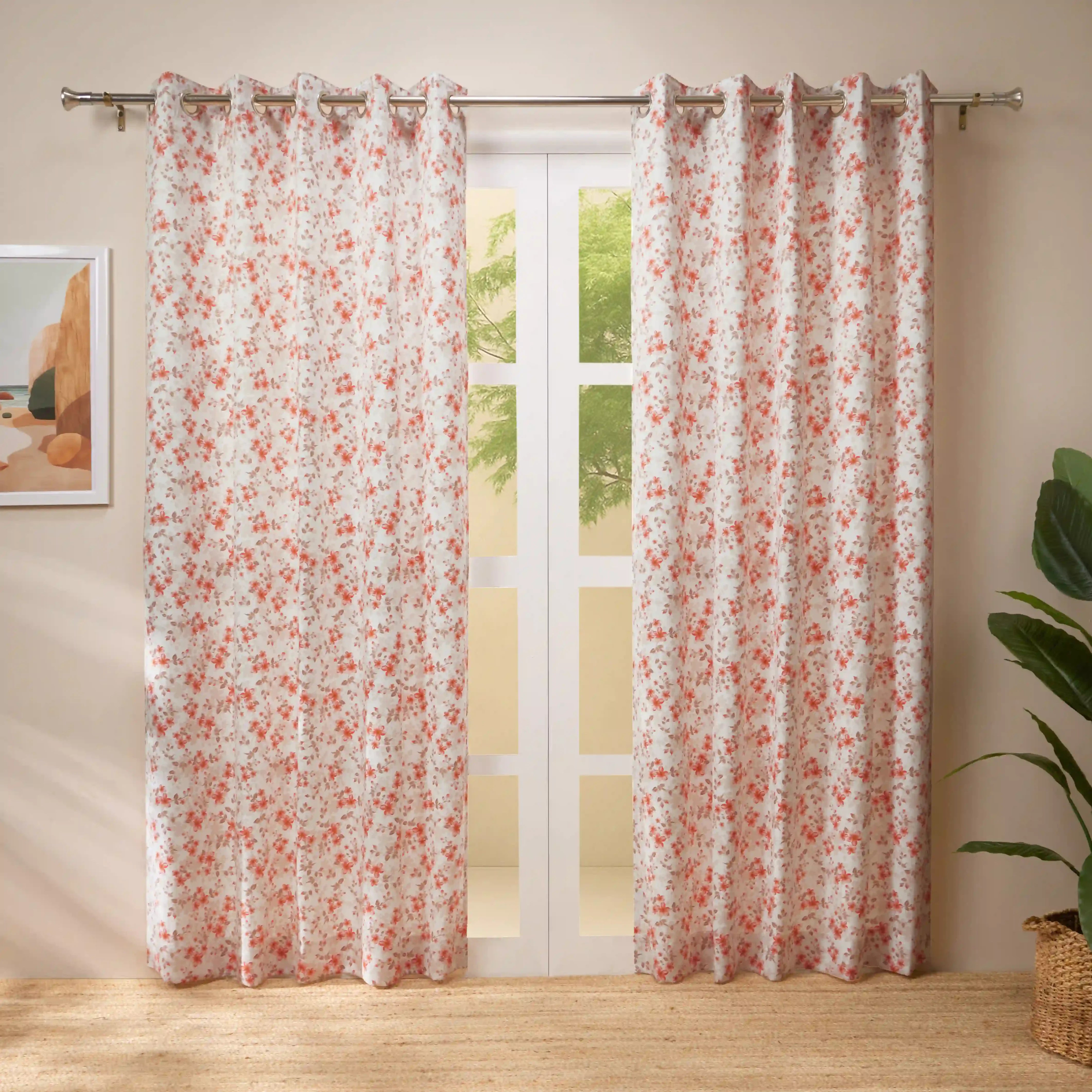 Bloomshire Classic Set Of 2 Printed Readymade Curtains | Blooming Tales Burnt Ruby / Door-XL (9ft X 4.4ft)