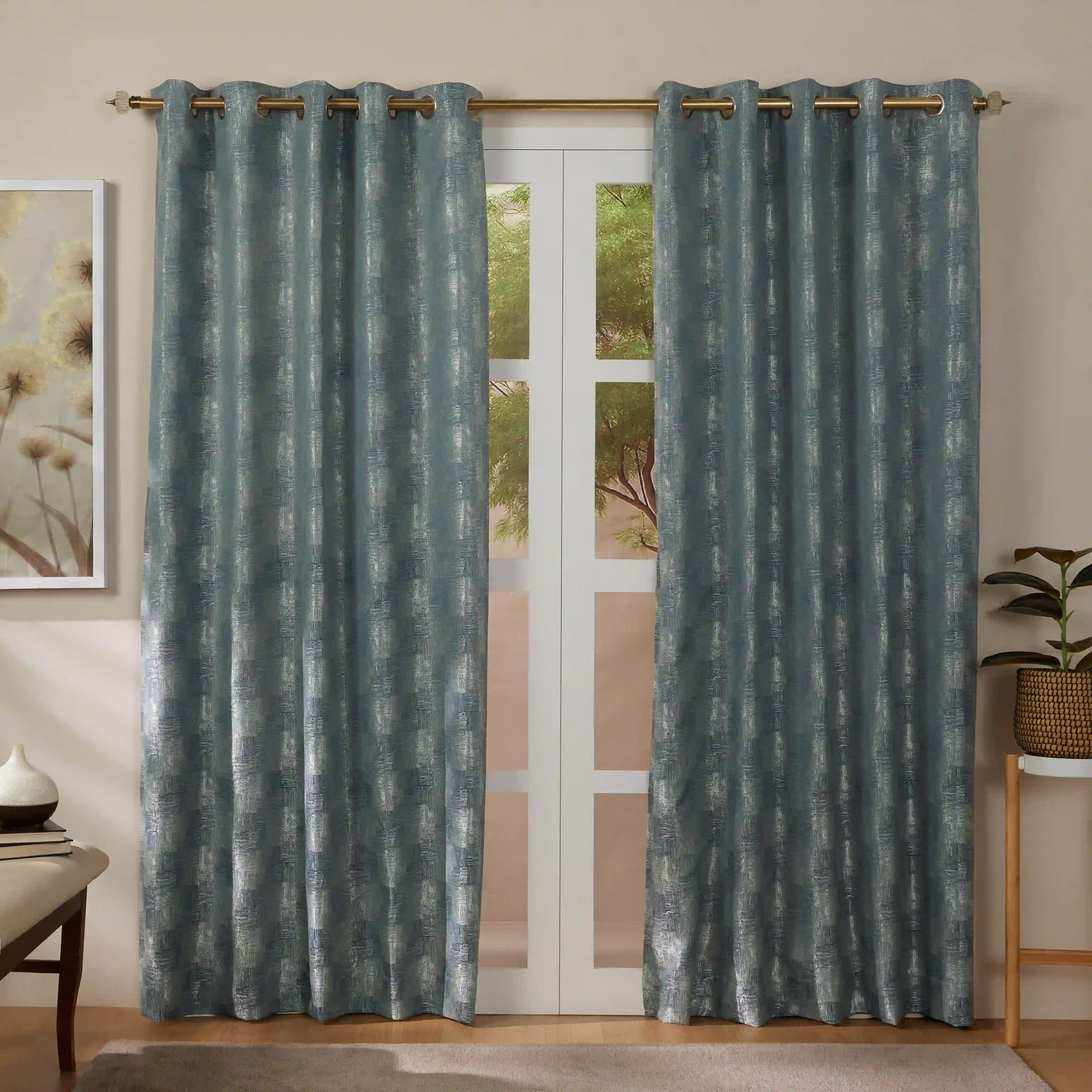 De Jacquard - Luxe Set Of 2 Jacquard Readymade Curtains | Eternal Imprint Teal Dust / Door-XL (9ft X 4.4ft)