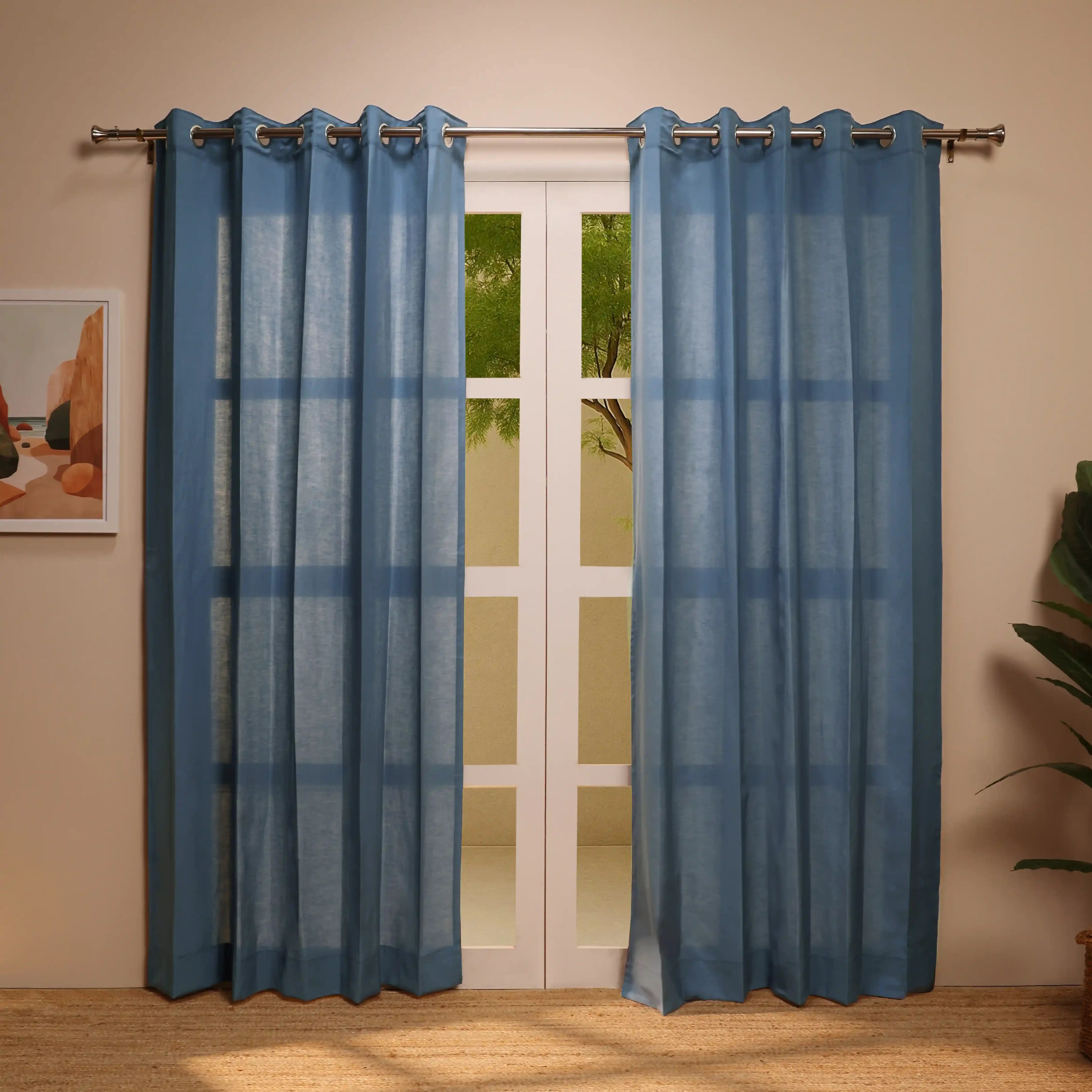 Paleto Set Of 2 Solid Readymade Curtains | Hue Harmony Denim / Door (7ft X 4.4ft)