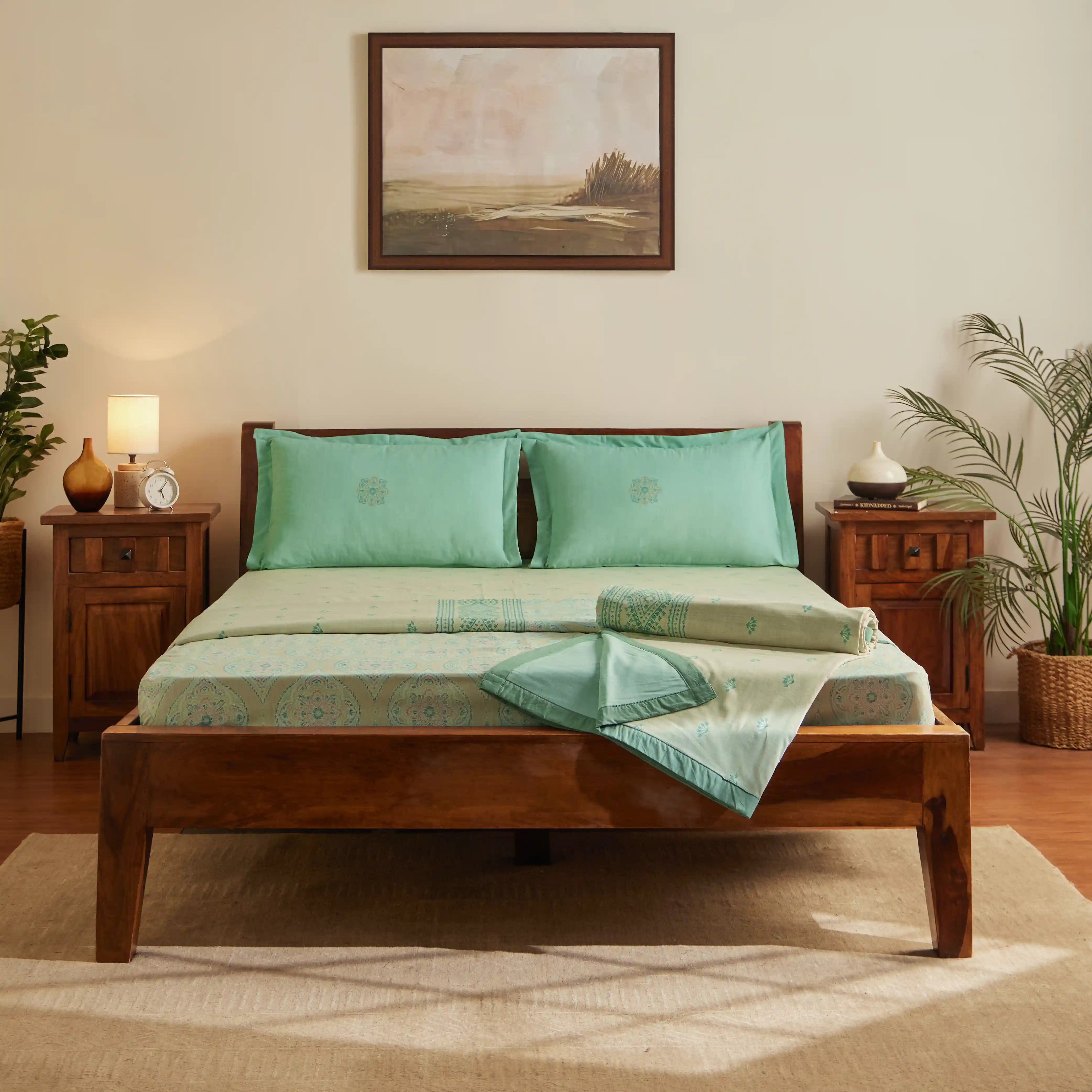 Chippa Lane | Contemporary Indian Print Design Coordinated Bedding Set | Set of Bedsheet & Dohars Sage / Double