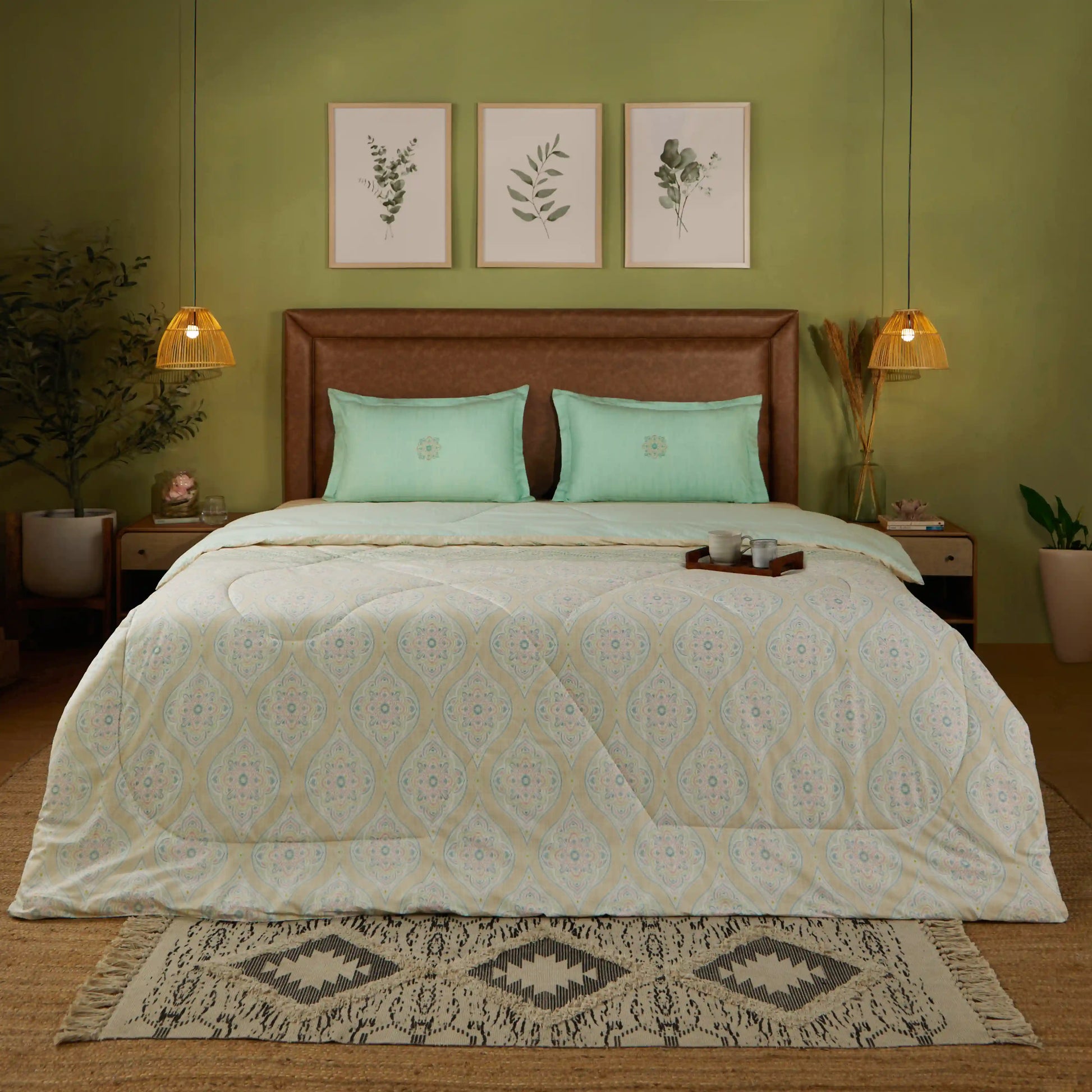 Chippa Lane | Contemporary Indian Print Design Coordinated Bedding Set | Set of Bedsheet & Comforter-Sage Sage / Double