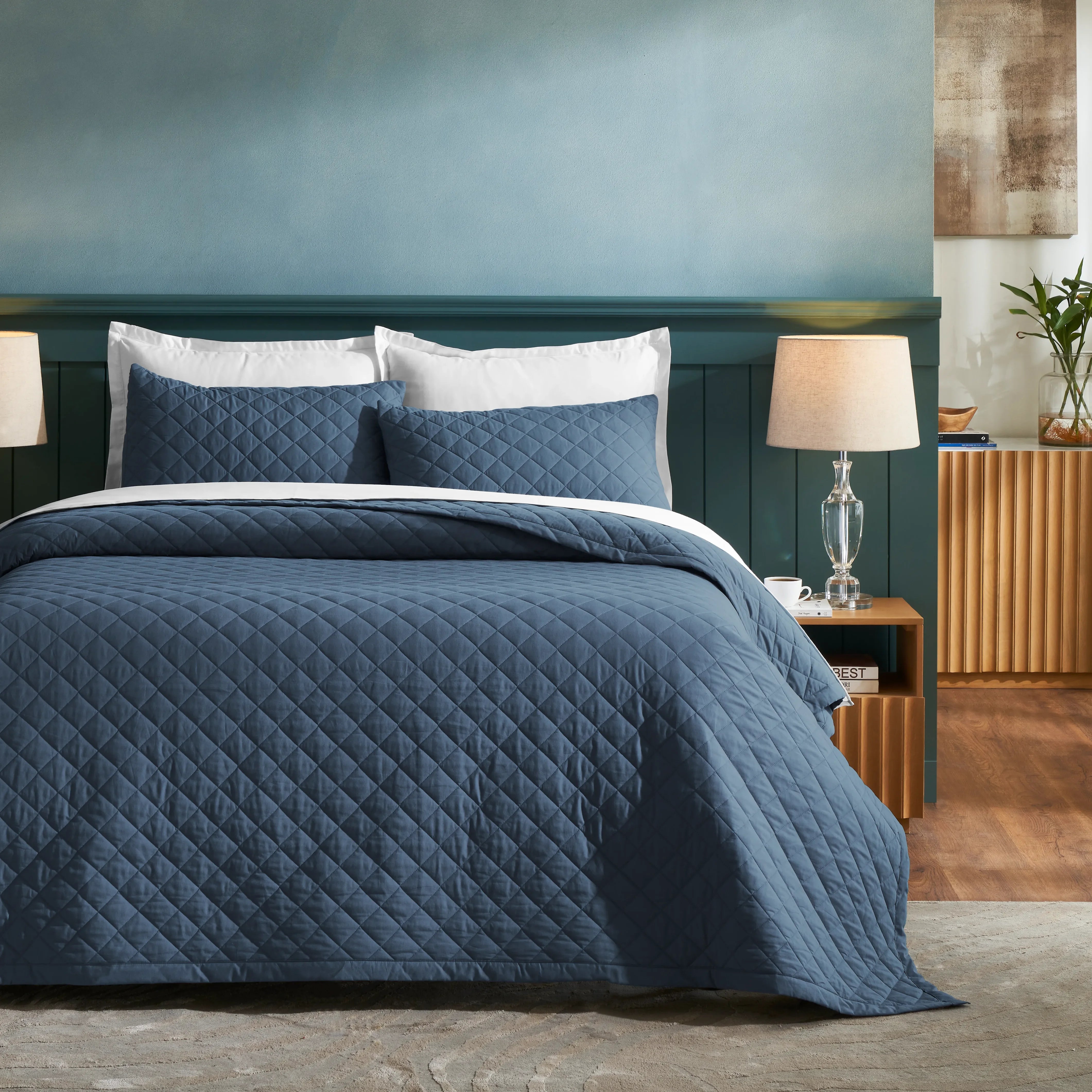 Nuvola | Luxurious Solid Dyed Diamond Quilted Cotton Bedcover Set Estate Blue