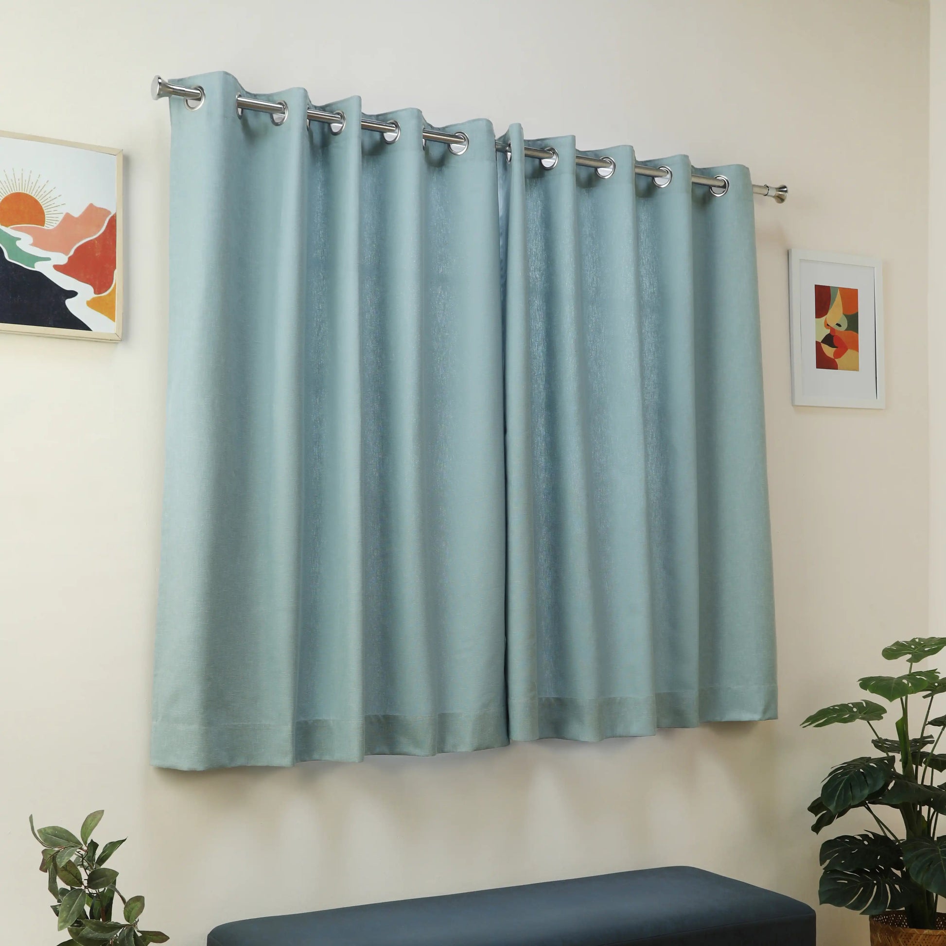 Paleto Set Of 2 Solid Readymade Curtains | Woven Calm Ocean Haze / Window (5ft X 4.4ft)