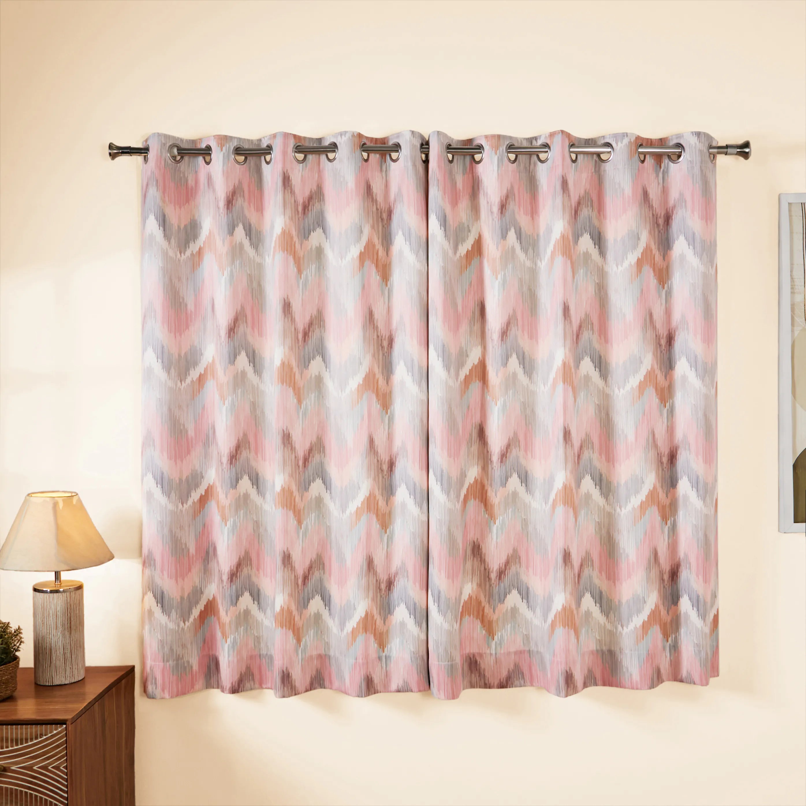 Bloomshire Classic Set Of 2 Printed Readymade Curtains | Modern Ikat Rusty Rose / Window (5ft X 4.4ft)