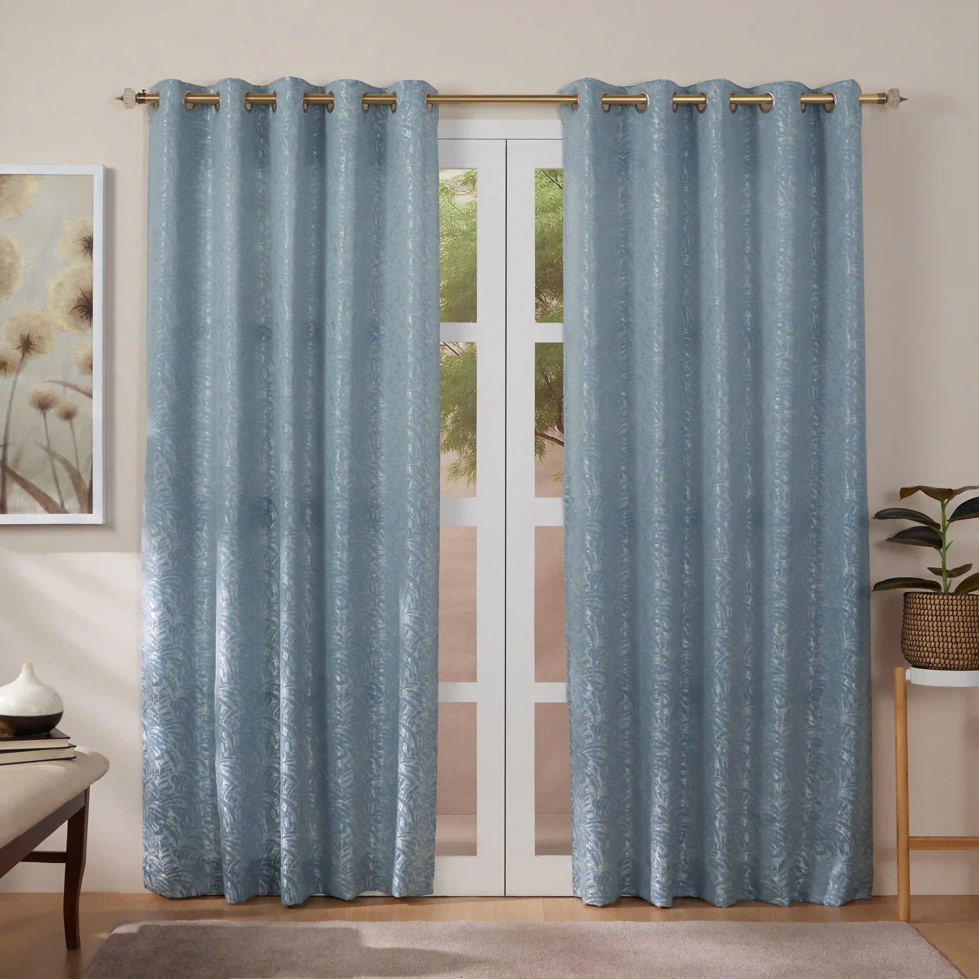 De Jacquard - Luxe Set Of 2 Jacquard Readymade Curtains | Natural Imprint Blue Dust / Door-XL (9ft X 4.4ft)
