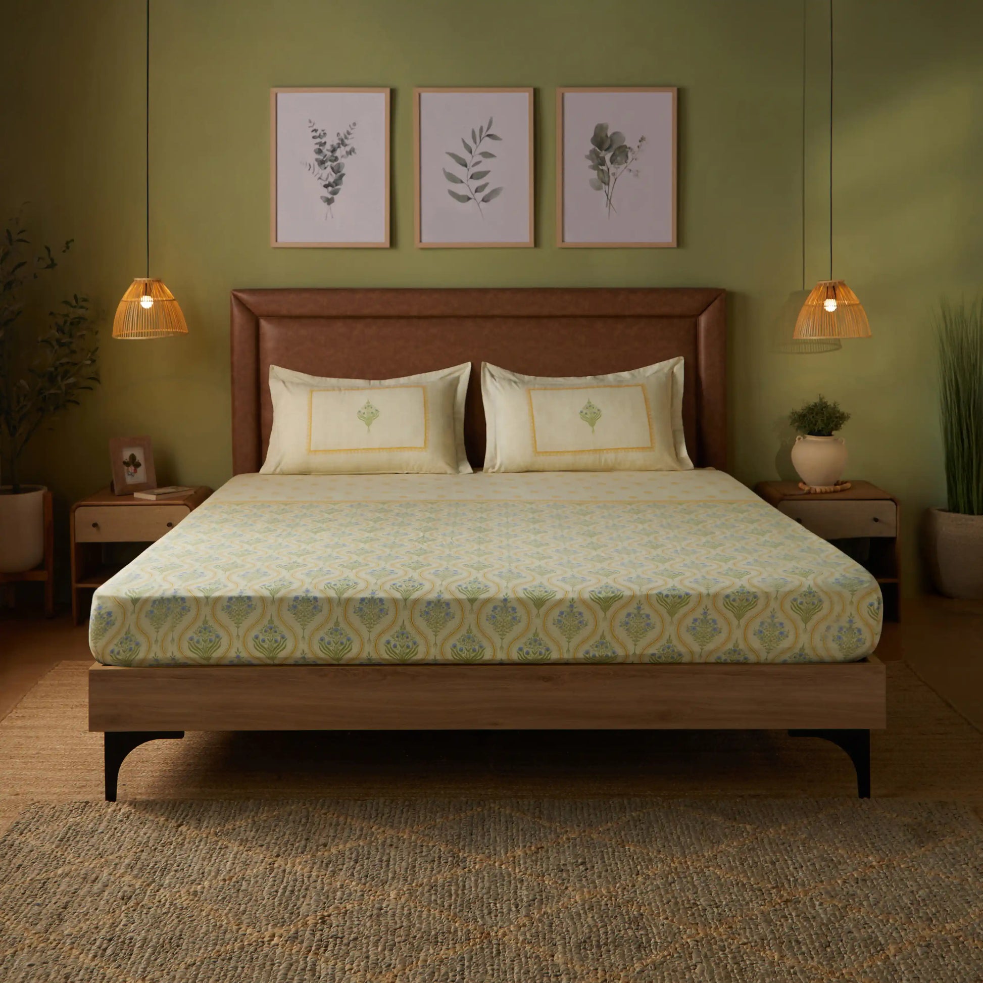Chippa Lane | Contemporary Indian Print Design Cotton Bedsheet Set-Mustard Mustard / Double