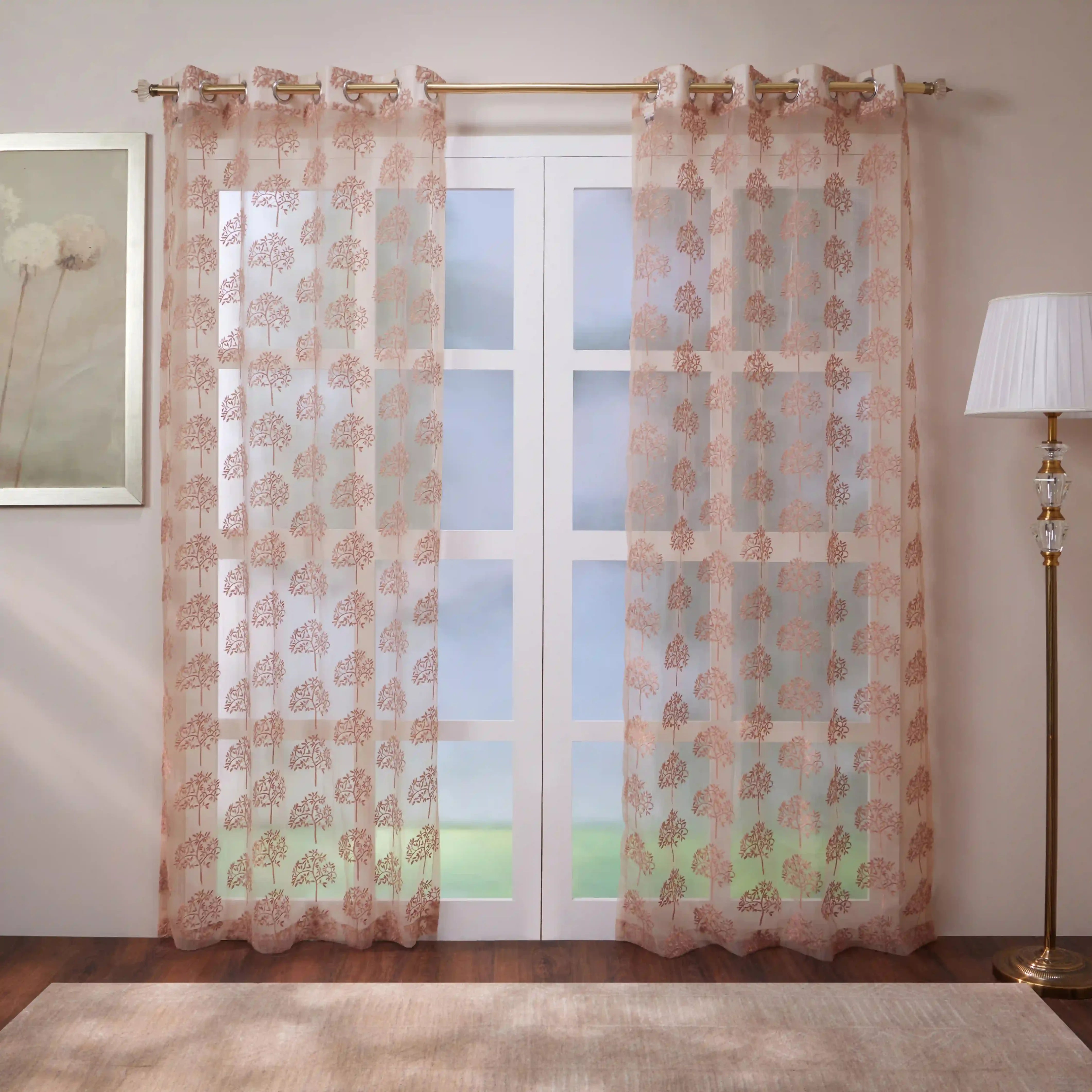 Velina Set Of 2 Embroidered Sheer Readymade Curtains | Botanical Trails Pink Whisper / Door (3.60ft X 7.22ft)