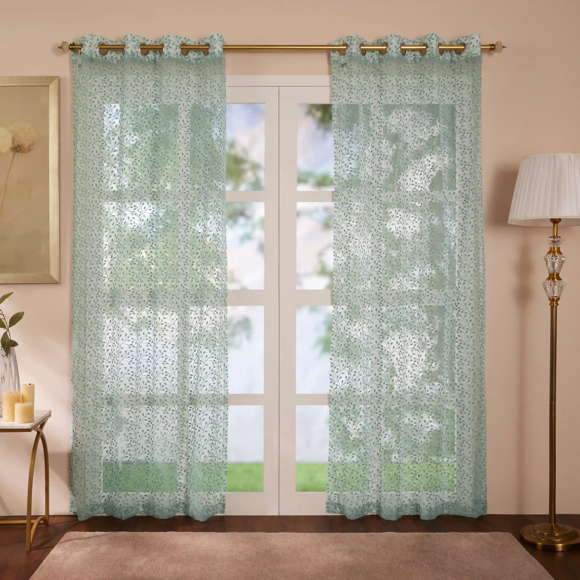 Velina Set Of 2 Embroidered Sheer Readymade Curtains | Threaded Story Teal / Door (3.60ft X 7.22ft)