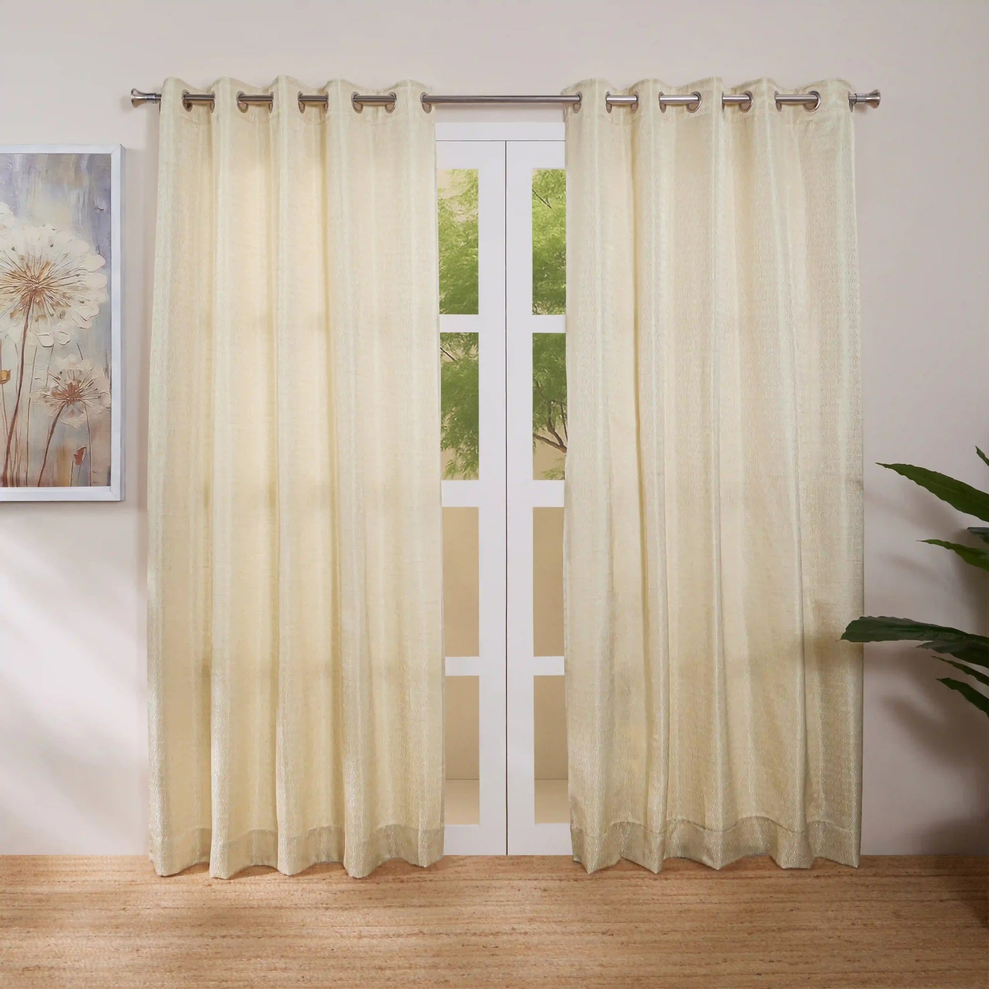 De Jacquard - Classic Set Of 2 Jacquard Readymade Curtains | Layered Lines Champagne / Door-XL (9ft X 4.4ft)
