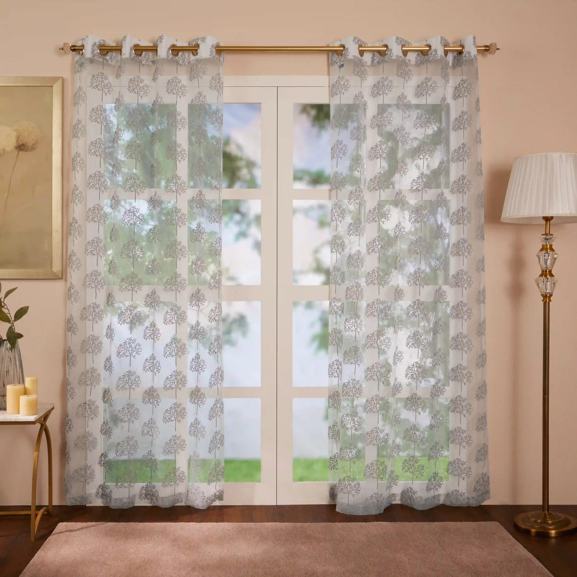 Velina Set Of 2 Embroidered Sheer Readymade Curtains | Botanical Trails Concrete Dust / Door (3.60ft X 7.22ft)
