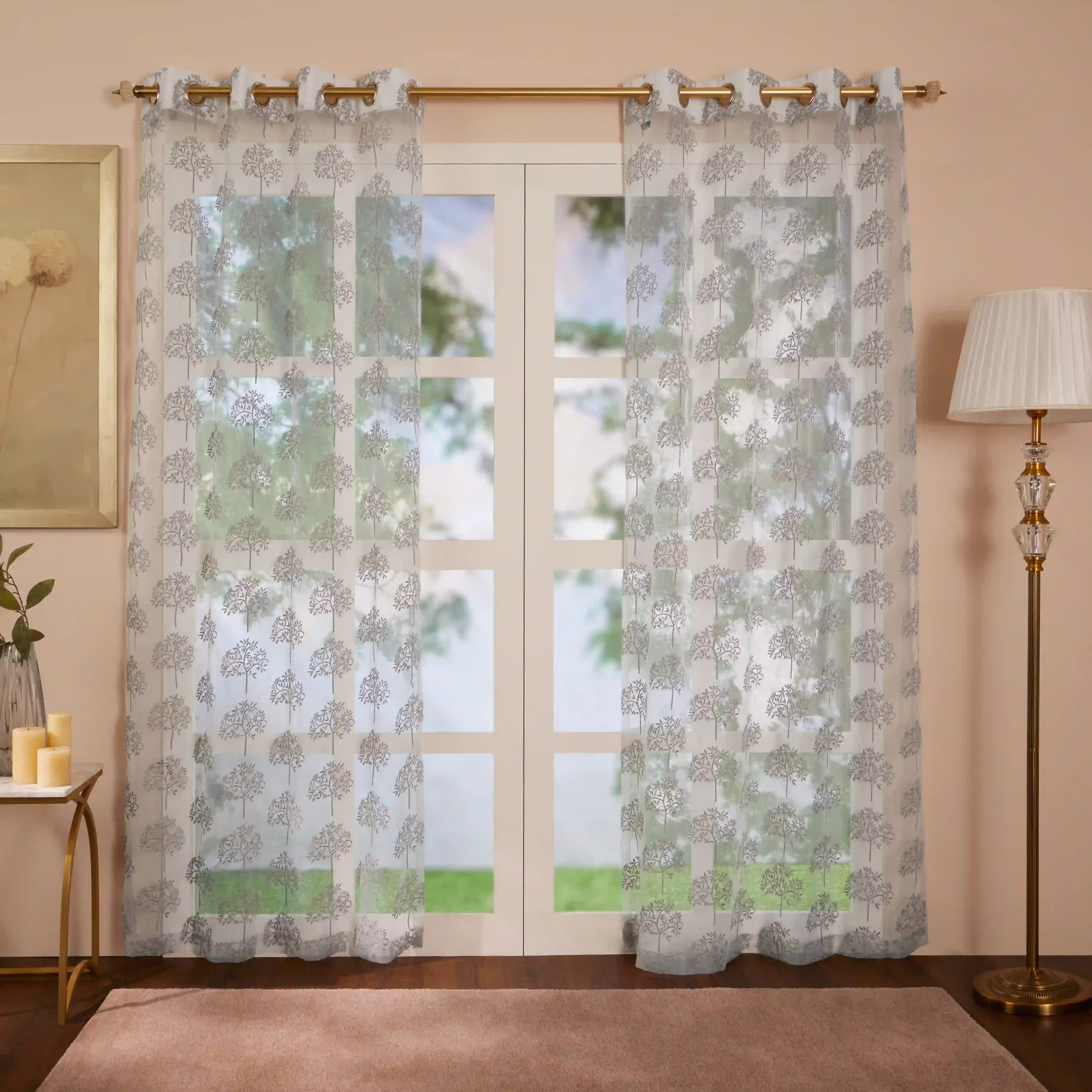 Velina Set Of 2 Embroidered Sheer Readymade Curtains | Botanical Trails Concrete Dust / Door (3.60ft X 7.22ft)