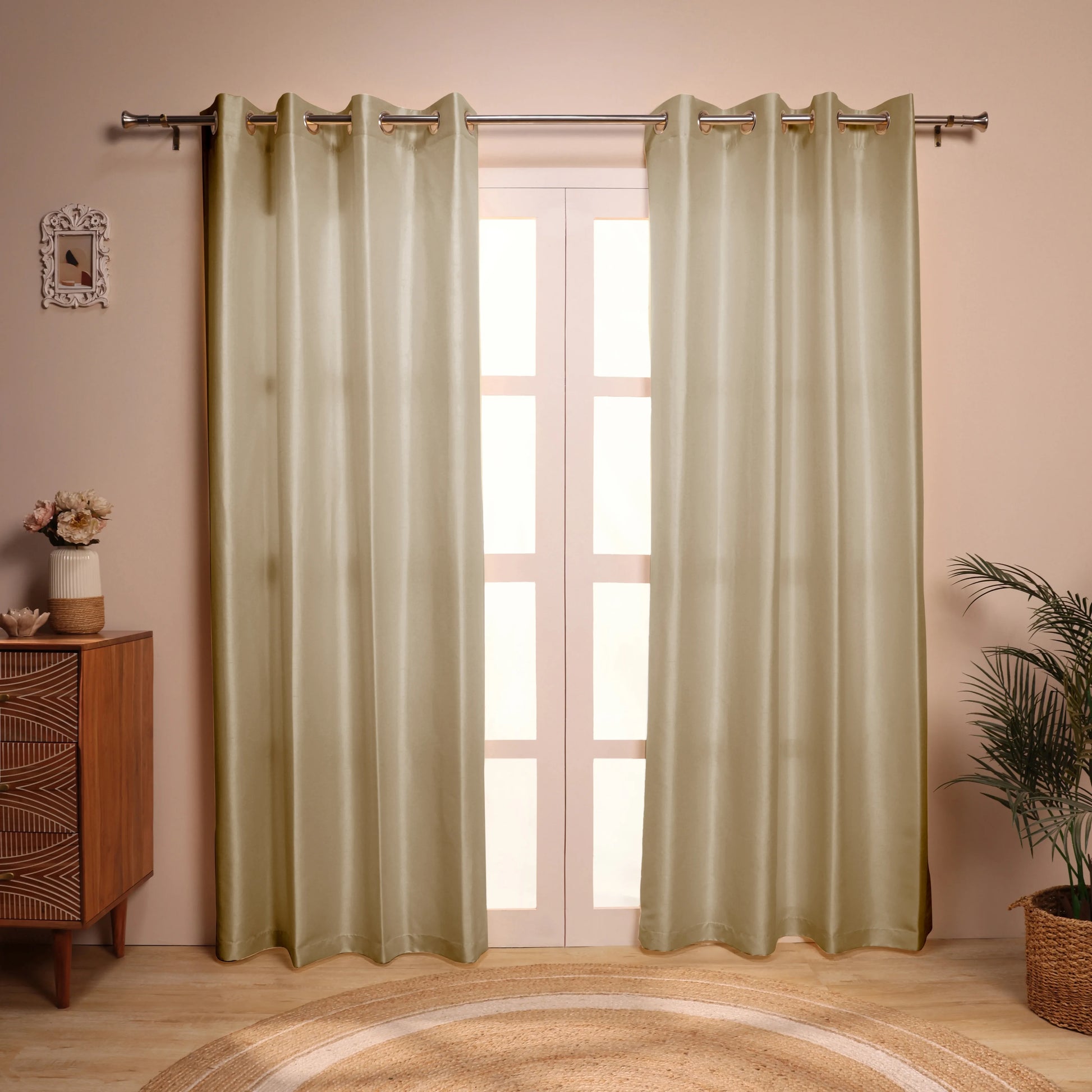 Paleto Set Of 2 Solid Readymade Curtains | Pure Hues Almond Moss / Door (4.25ft X 7.22ft)