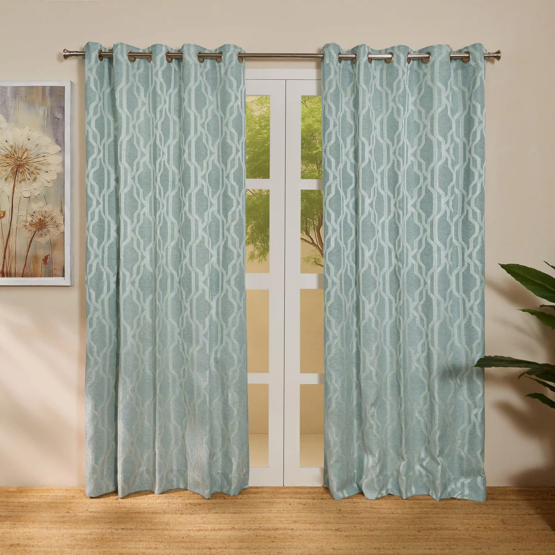 De Jacquard - Classic Set Of 2 Jacquard Readymade Curtains | Abstract Flow Aqua / Door (7ft X 4.4ft)