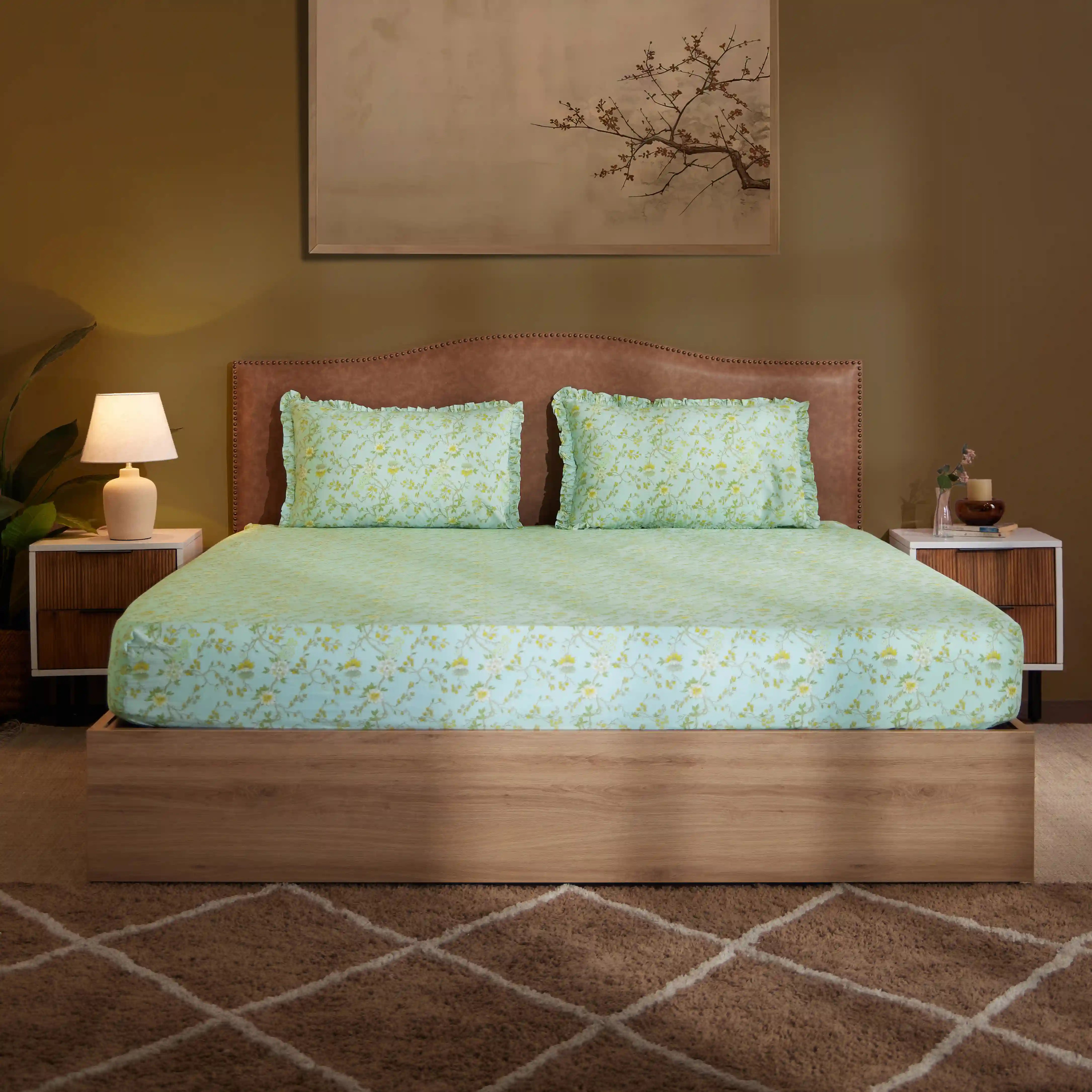 Bloomshire Luxe Printed Fitted Sheet Set-Light Blue Light Blue / King