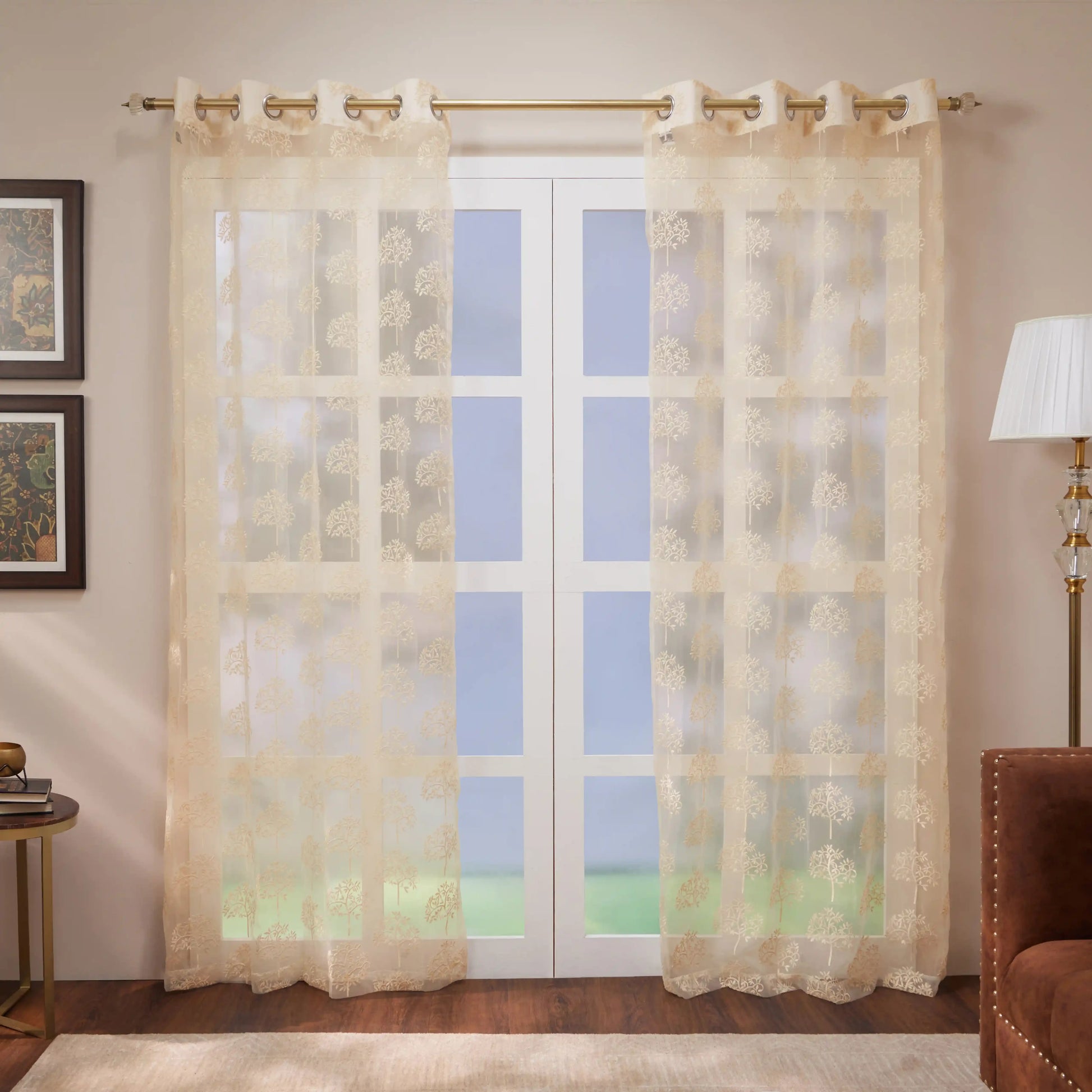 Velina Set Of 2 Embroidered Sheer Readymade Curtains | Botanical Trails Almond Silk / Door (3.60ft X 7.22ft)