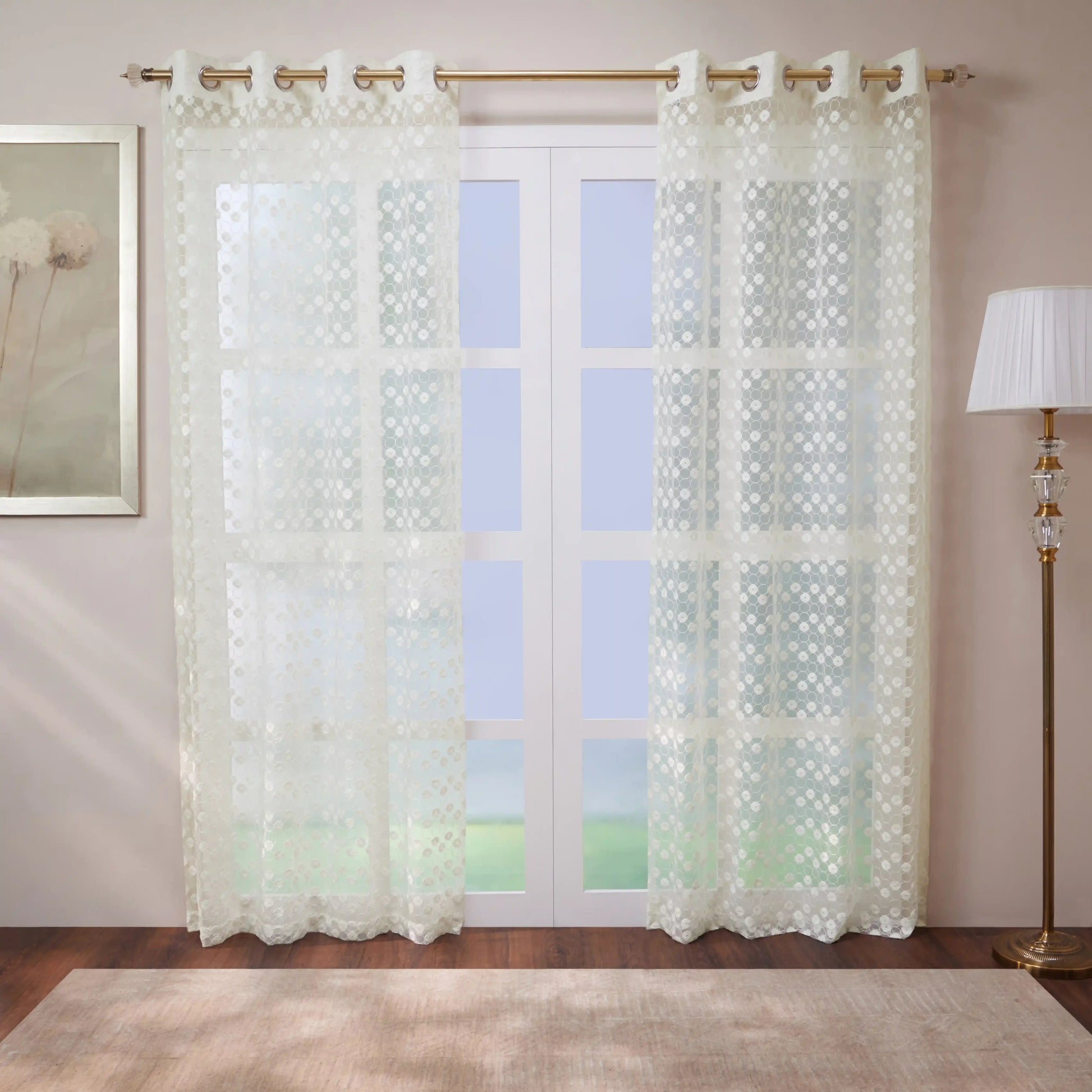 Velina Set Of 2 Embroidered Sheer Readymade Curtains | Beyond Circles Crystal Frost / Door (3.60ft X 7.22ft)