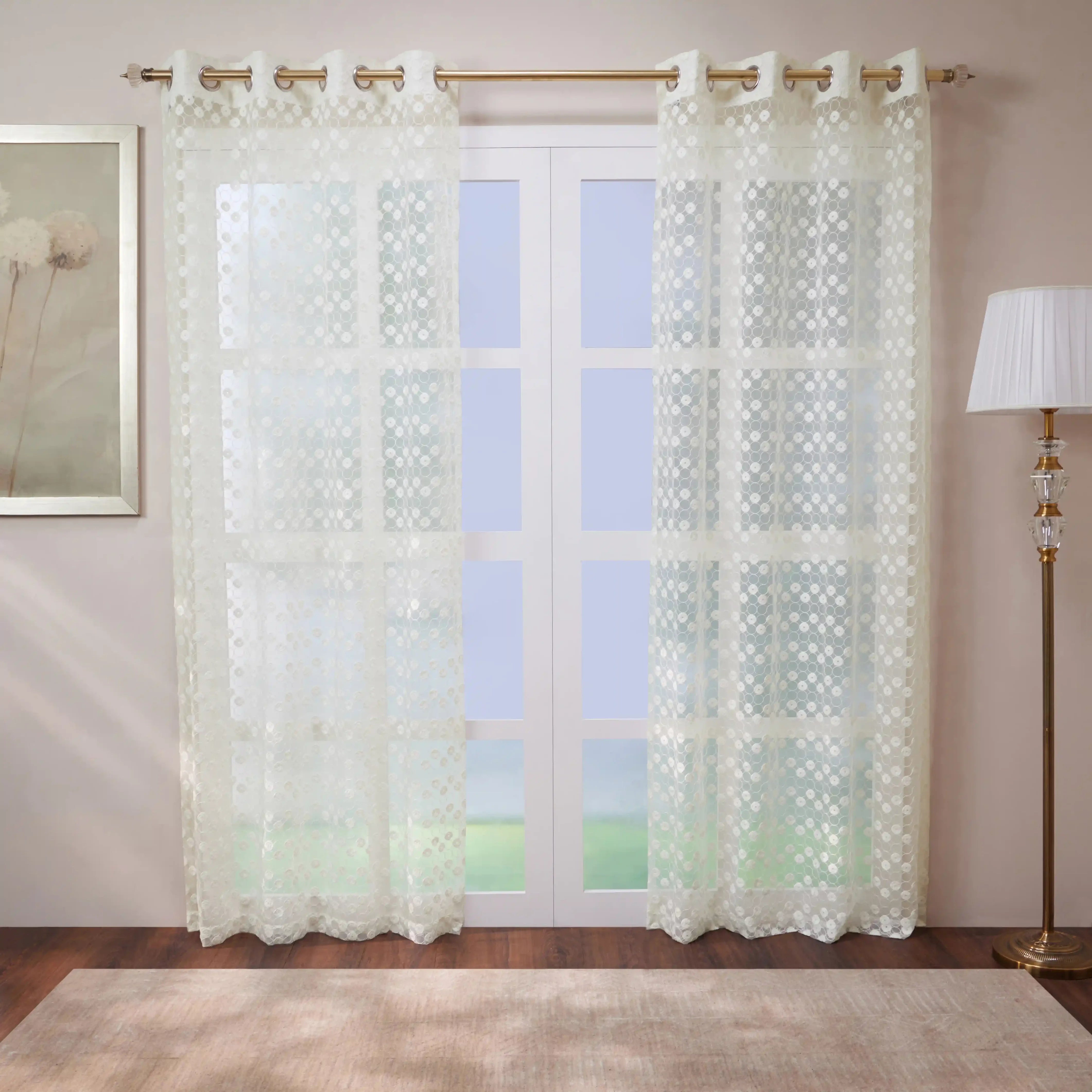 Velina Set Of 2 Embroidered Sheer Readymade Curtains | Beyond Circles Crystal Frost / Door (3.60ft X 7.22ft)