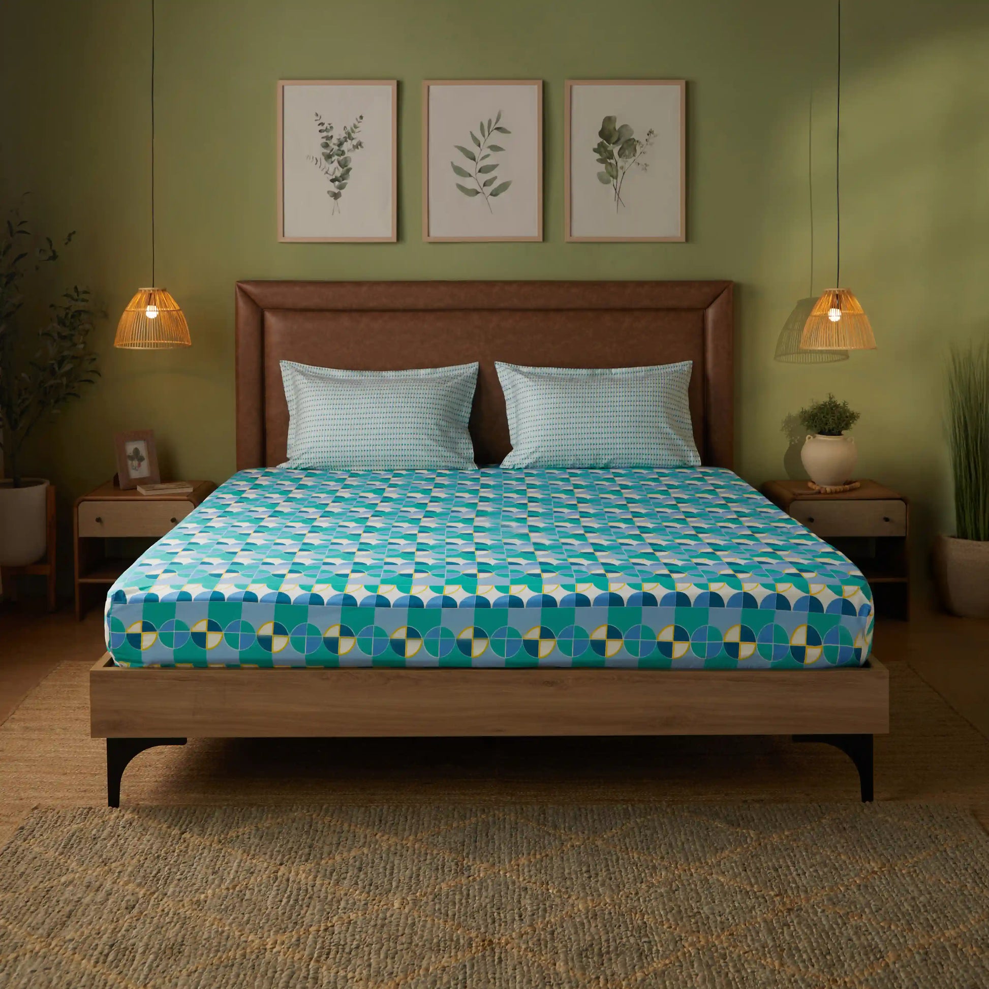 Mishella | Mix & Match Printed Cotton Bedsheet Set - Orbit Teal Orbit Teal / Queen