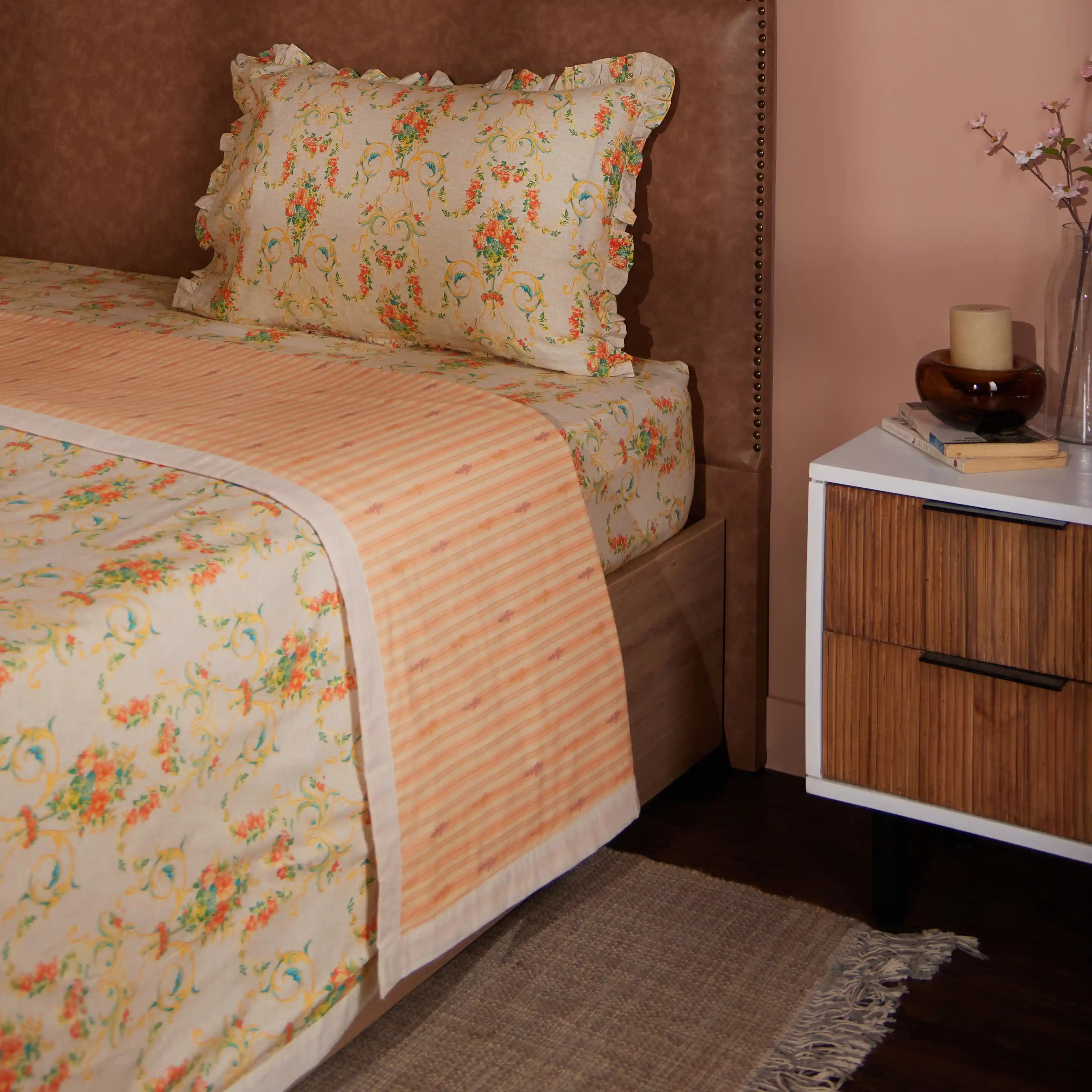 Bloomshire Luxe | Romantic Flora Printed Reversible Dohar with Super Soft Flannel Layering-Multicolour Multicolour / Single