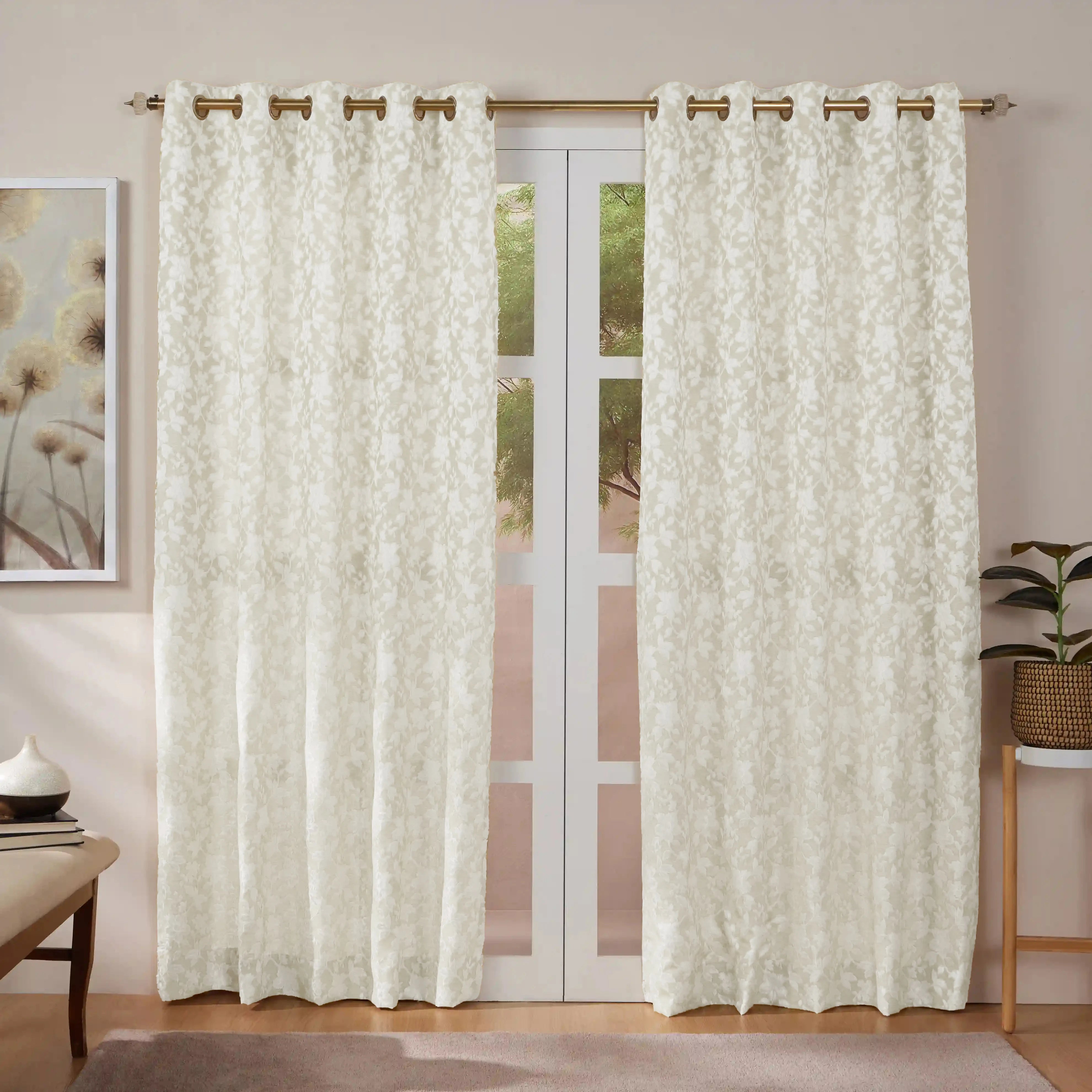 De Jacquard - Luxe Set Of 2 Jacquard Readymade Curtains | Monochrome Flora Moonlit Sand / Door (7ft X 4.4ft)