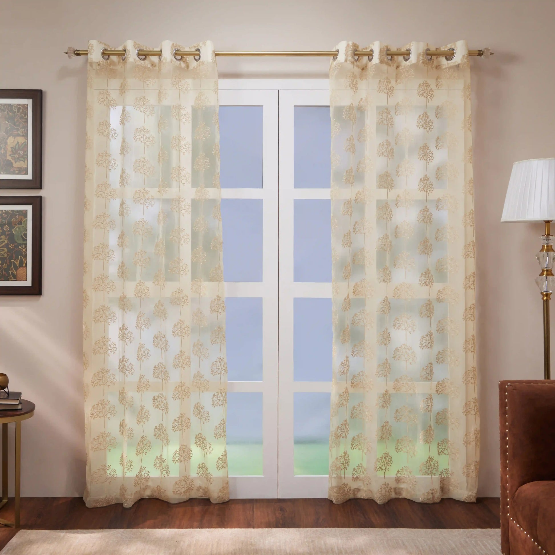 Velina Set Of 2 Embroidered Sheer Readymade Curtains | Botanical Trails Woodland Taupe / Door (3.60ft X 7.22ft)