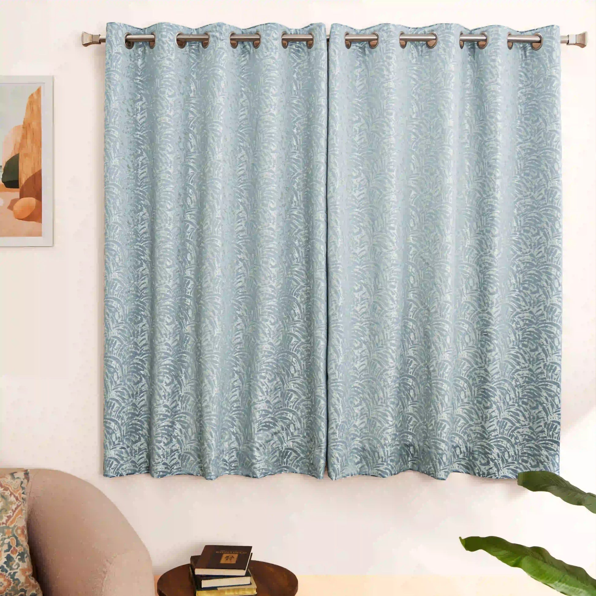 De Jacquard - Luxe Set Of 2 Jacquard Readymade Curtains | Natural Imprint Blue Dust / Window (5ft X 4.4ft)
