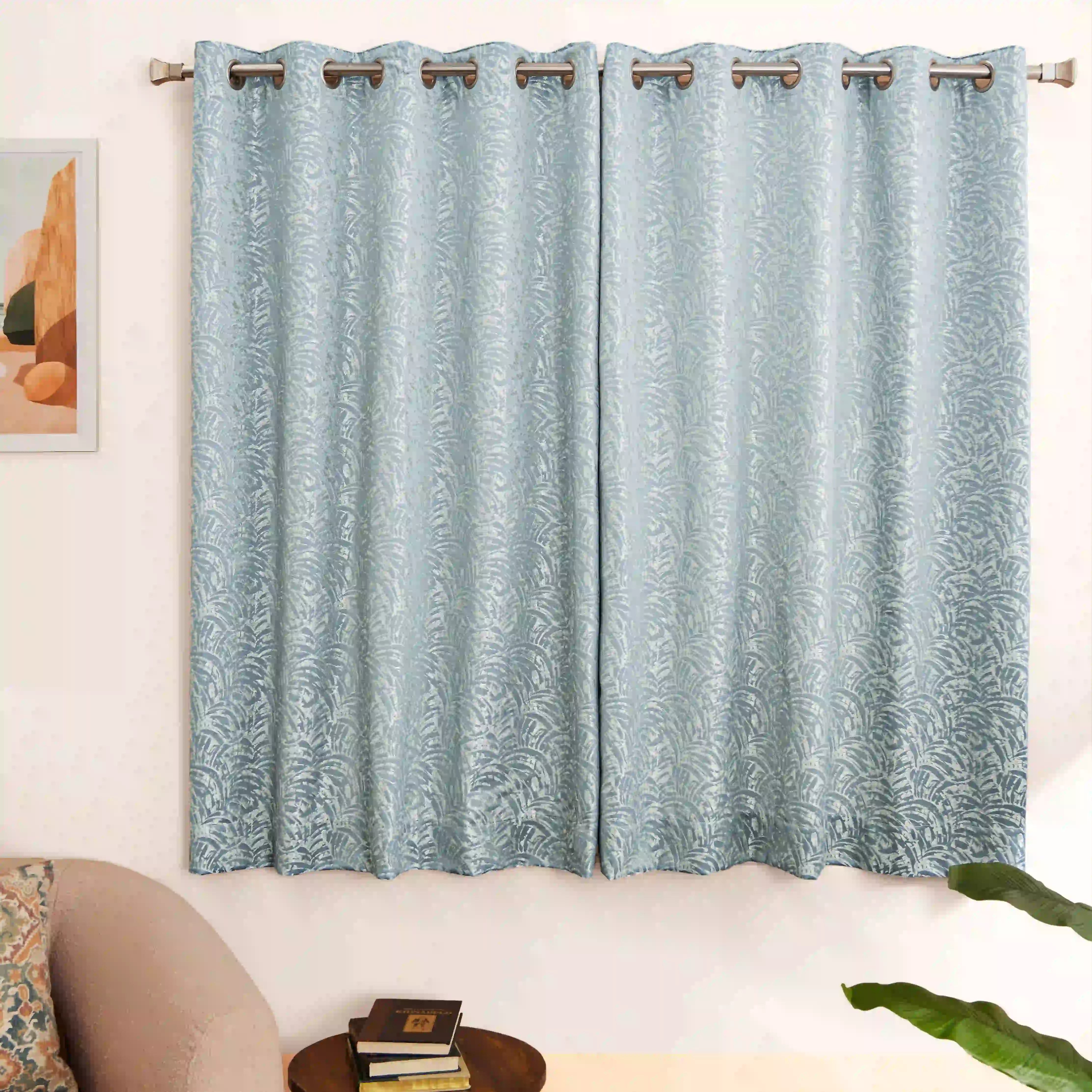 De Jacquard - Luxe Set Of 2 Jacquard Readymade Curtains | Natural Imprint Blue Dust / Window (5ft X 4.4ft)