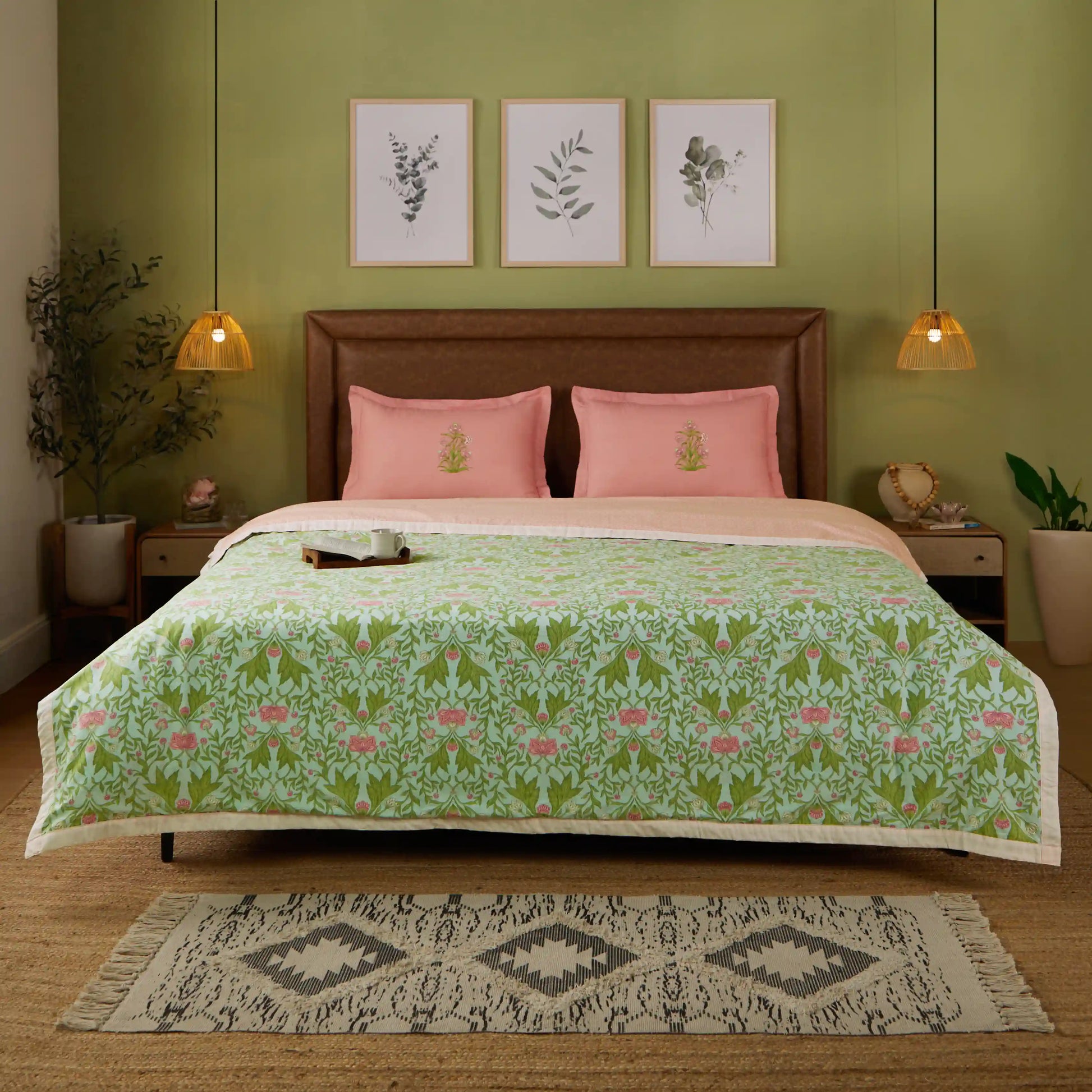 Chippa Lane | Contemporary Indian Print Design Coordinated Bedding Set | Set of Bedsheet & Dohar Sage Mint / Double