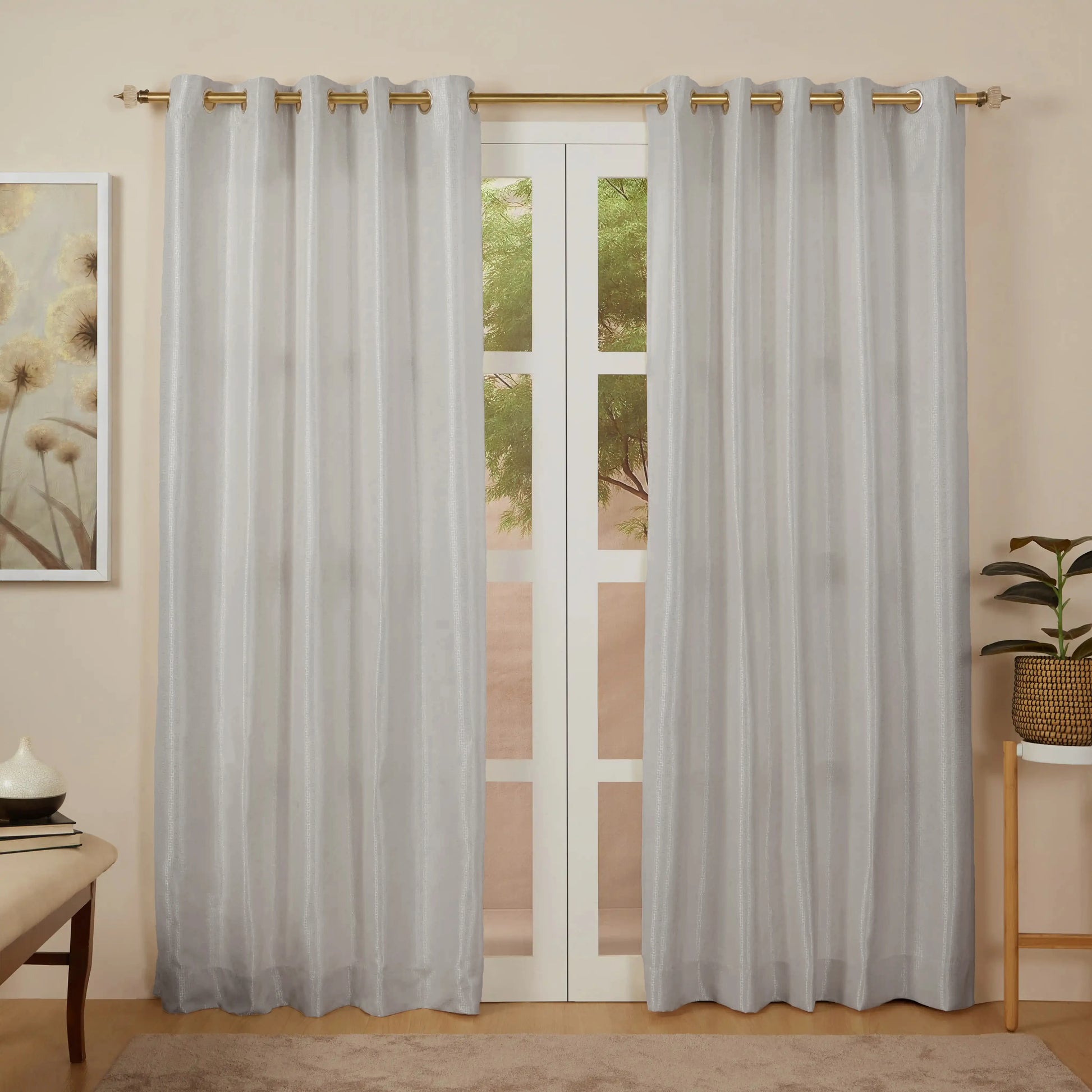 Pelushe Set Of 2 Solid Readymade Curtains | Checkered Nature Steel / Door (7ft X 4.4ft)