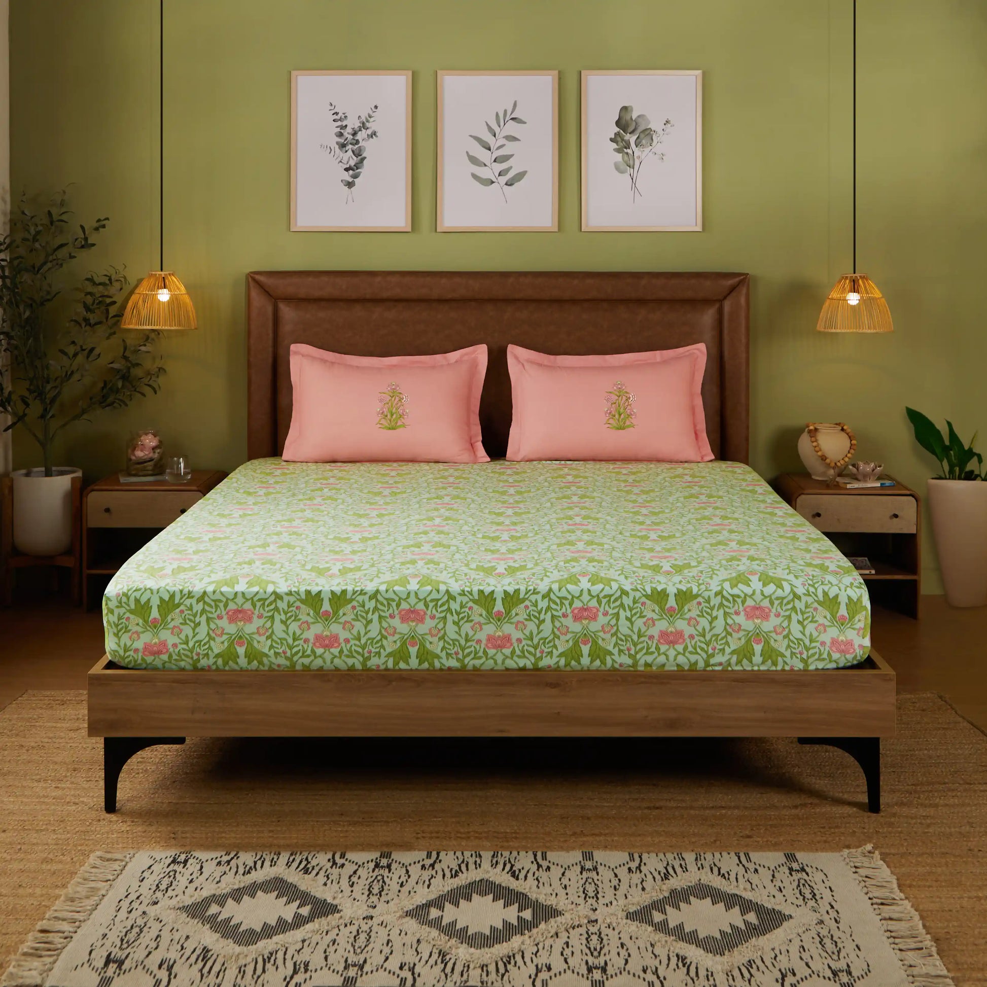 Chippa Lane | Contemporary Indian Print Design Cotton Bedsheet Set-Sage Mint Sage Mint / Super King