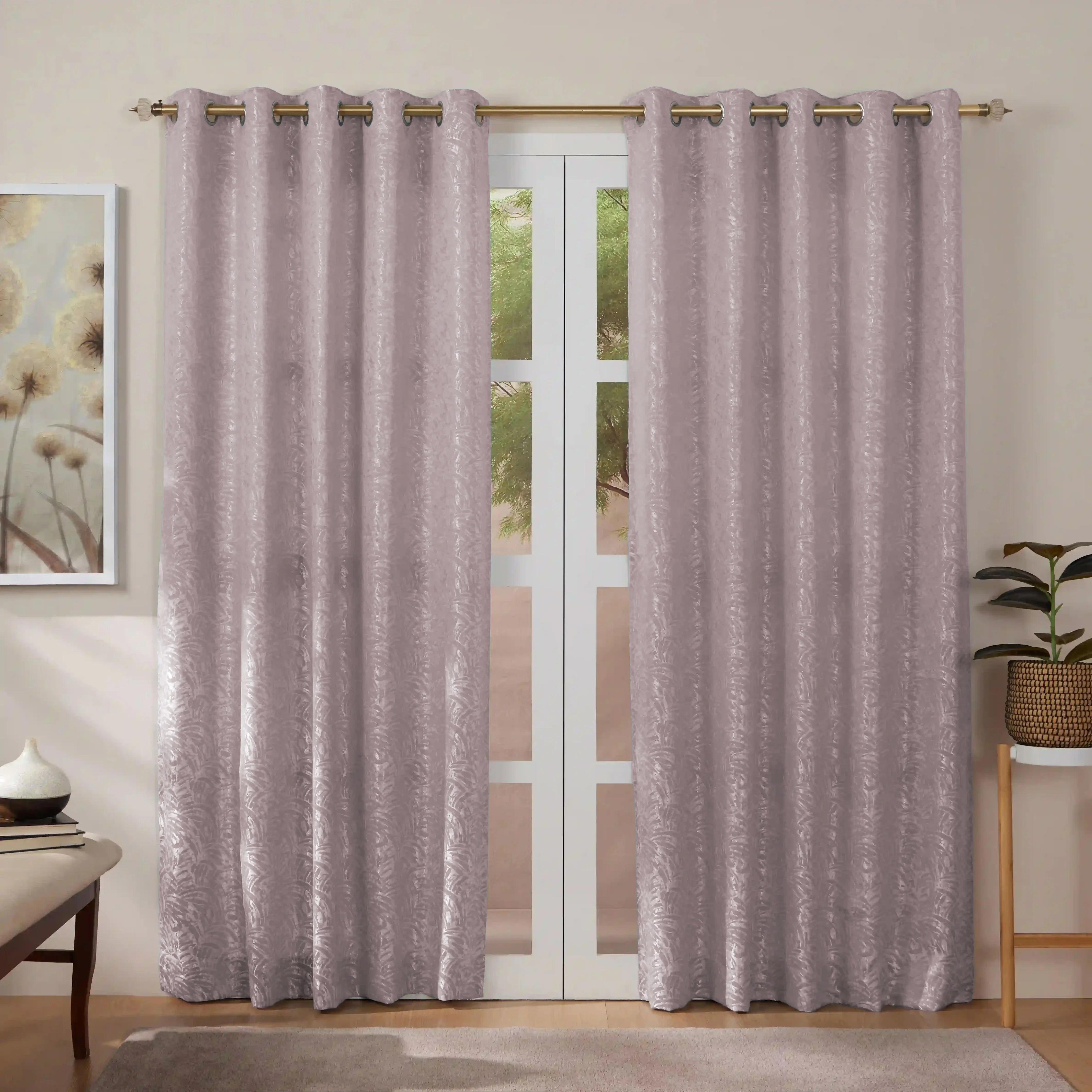 De Jacquard - Luxe Set Of 2 Jacquard Readymade Curtains | Natural Imprint Misty Lavender / Door (7ft X 4.4ft)