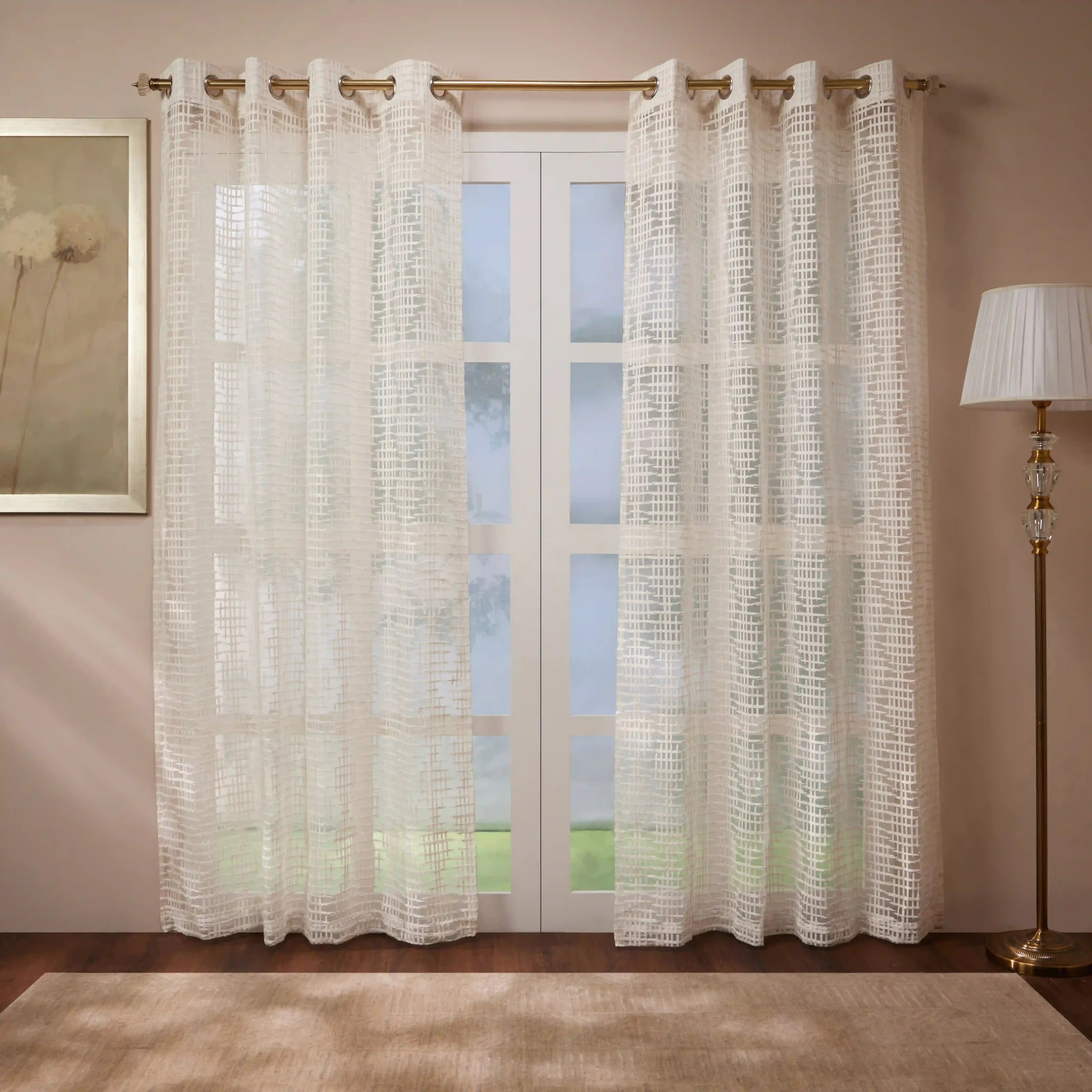 Meriga Set Of 2 Embroidered Sheer Readymade Curtains | Checkered Bliss Cotton Breeze / Door (4.25ft X 7.22ft)