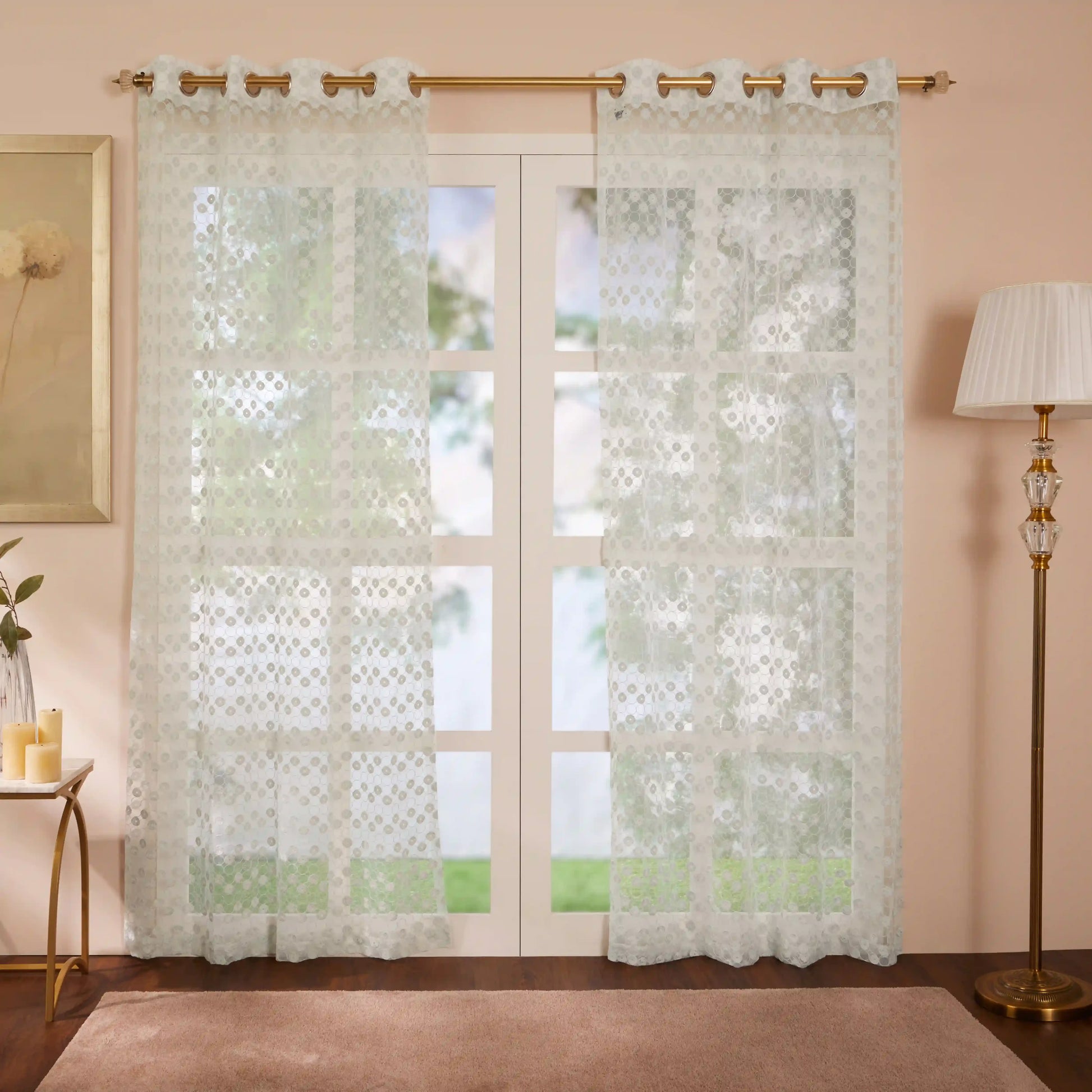 Velina Set Of 2 Embroidered Sheer Readymade Curtains | Beyond Circles Cloudless Blue / Door (3.60ft X 7.22ft)