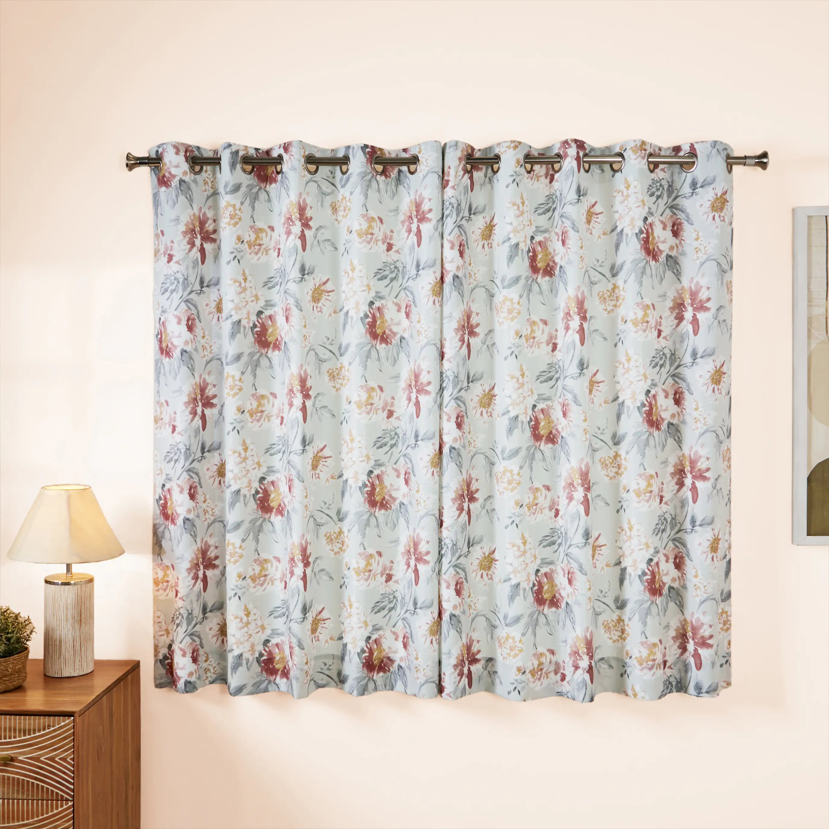 Chippa Lane Set Of 2 Printed Readymade Curtains | Floral Mist Steel / Window (5ft X 4.4ft)