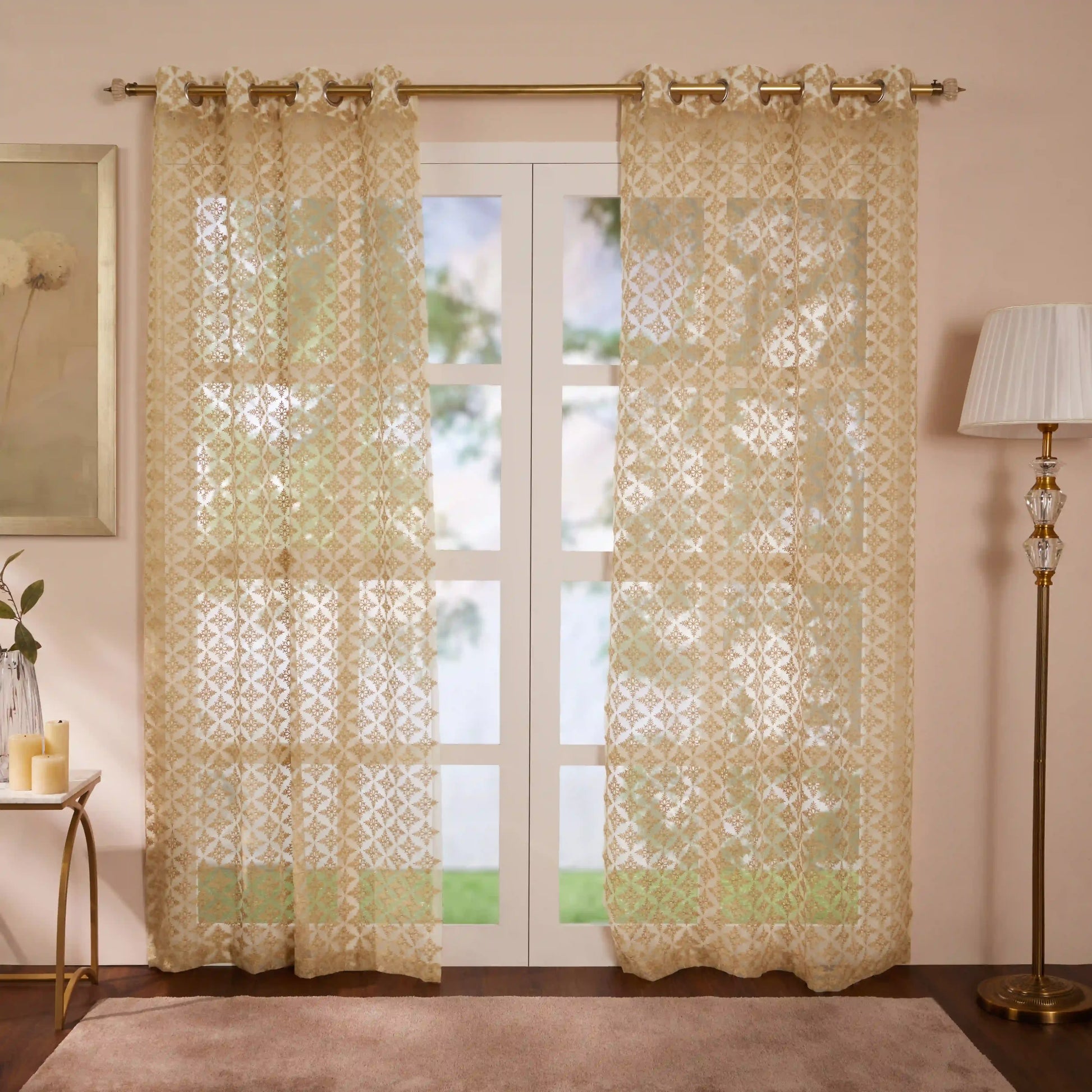 Velina Set Of 2 Embroidered Sheer Readymade Curtains | Royal Jharokha Golden Glow / Door (3.60ft X 7.22ft)