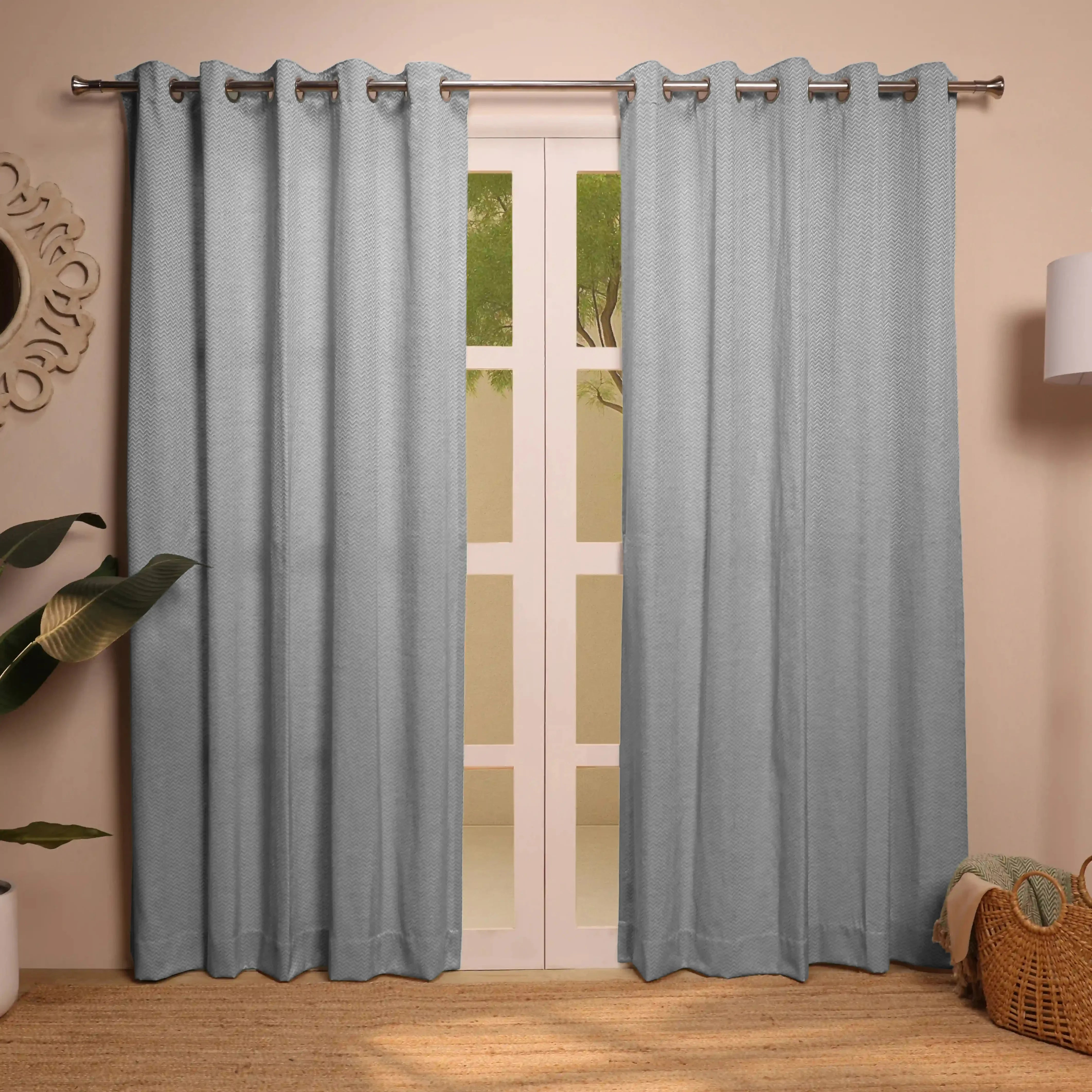 De Jacquard - Classic Set Of 2 Jacquard Readymade Curtains | Endless Chevron Mink / Door (7ft X 4.4ft)