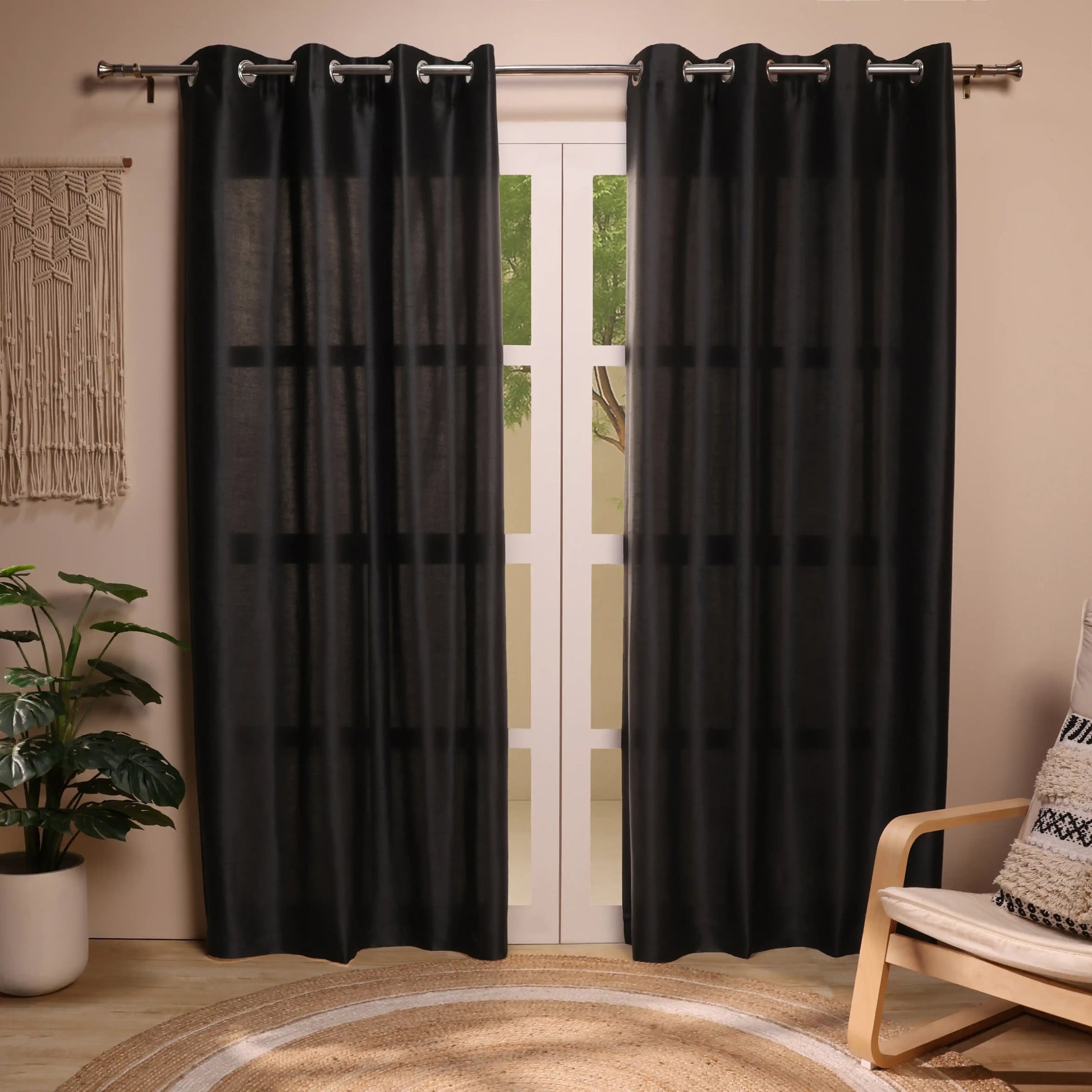 Paleto Set Of 2 Solid Readymade Curtains | Pure Hues Black / Door (4.25ft X 7.22ft)