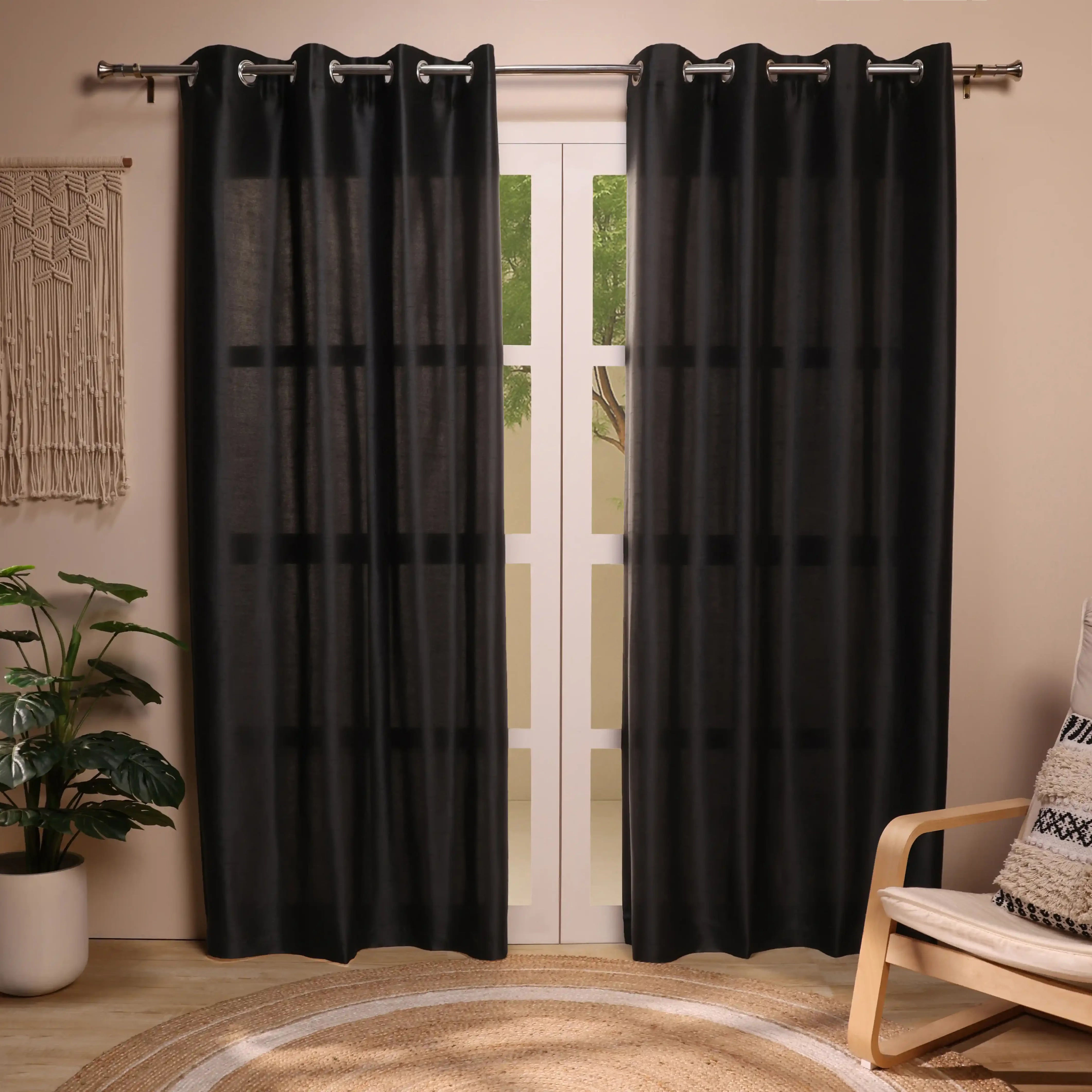 Paleto Set Of 2 Solid Readymade Curtains | Pure Hues Black / Door (4.25ft X 7.22ft)