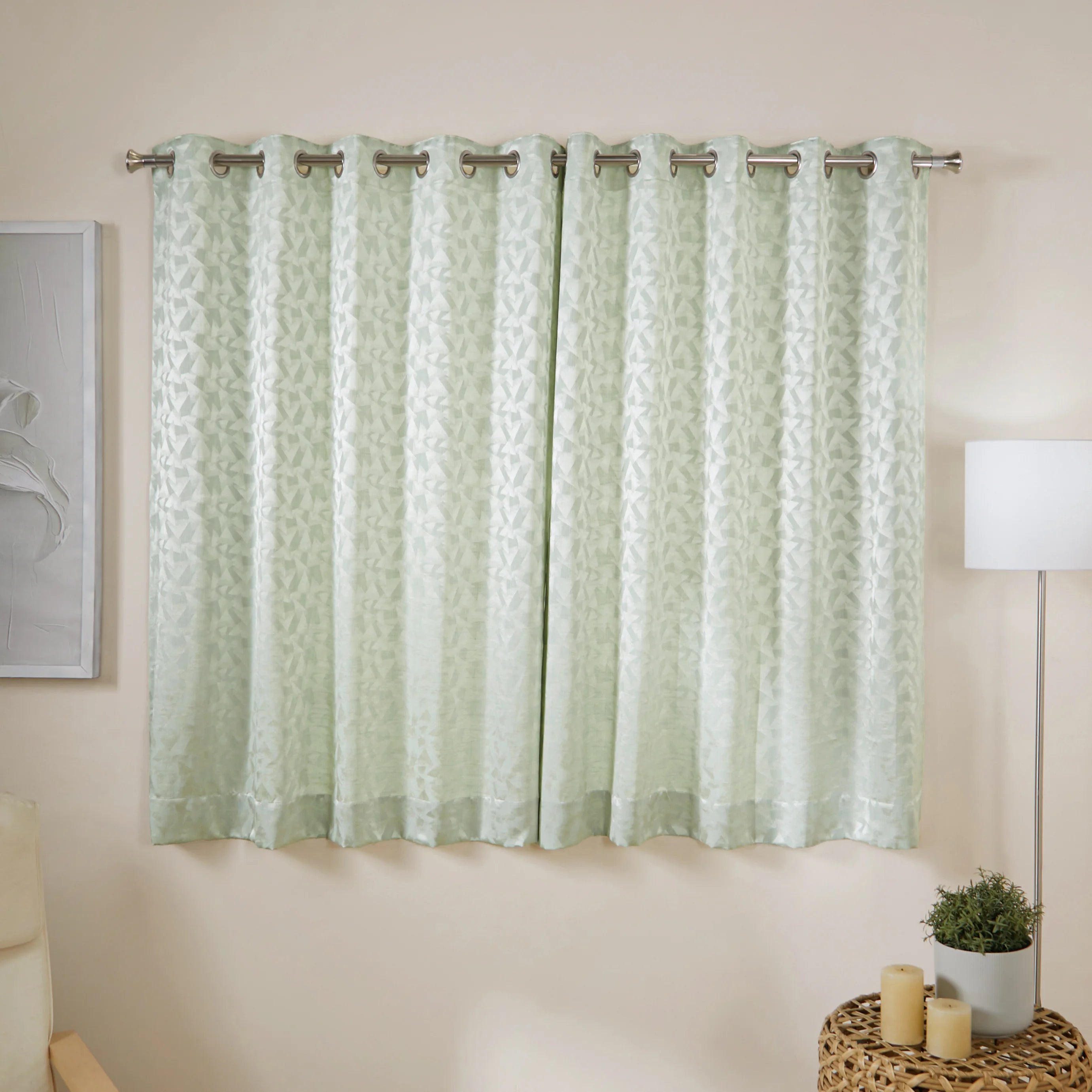 De Jacquard - Classic Set Of 2 Jacquard Readymade Curtains | Geometric Haze Seafoam / Window (5ft X 4.4ft)
