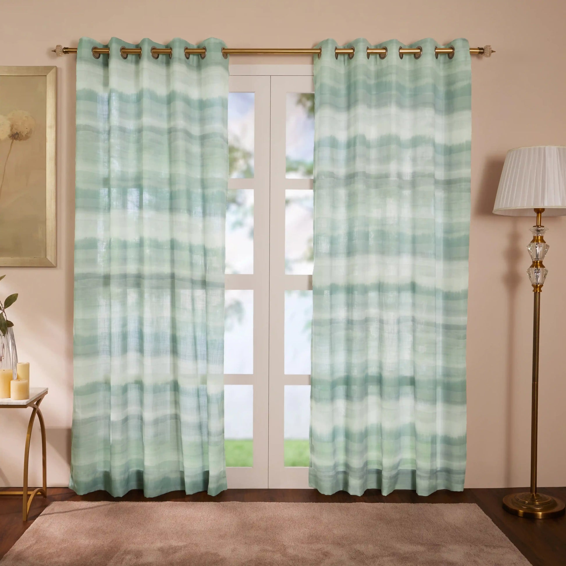 Meriga Set Of 2 Sheer Readymade Curtains | 
Ethereal Waves Jade / Door-XL (9ft X 4.4ft)