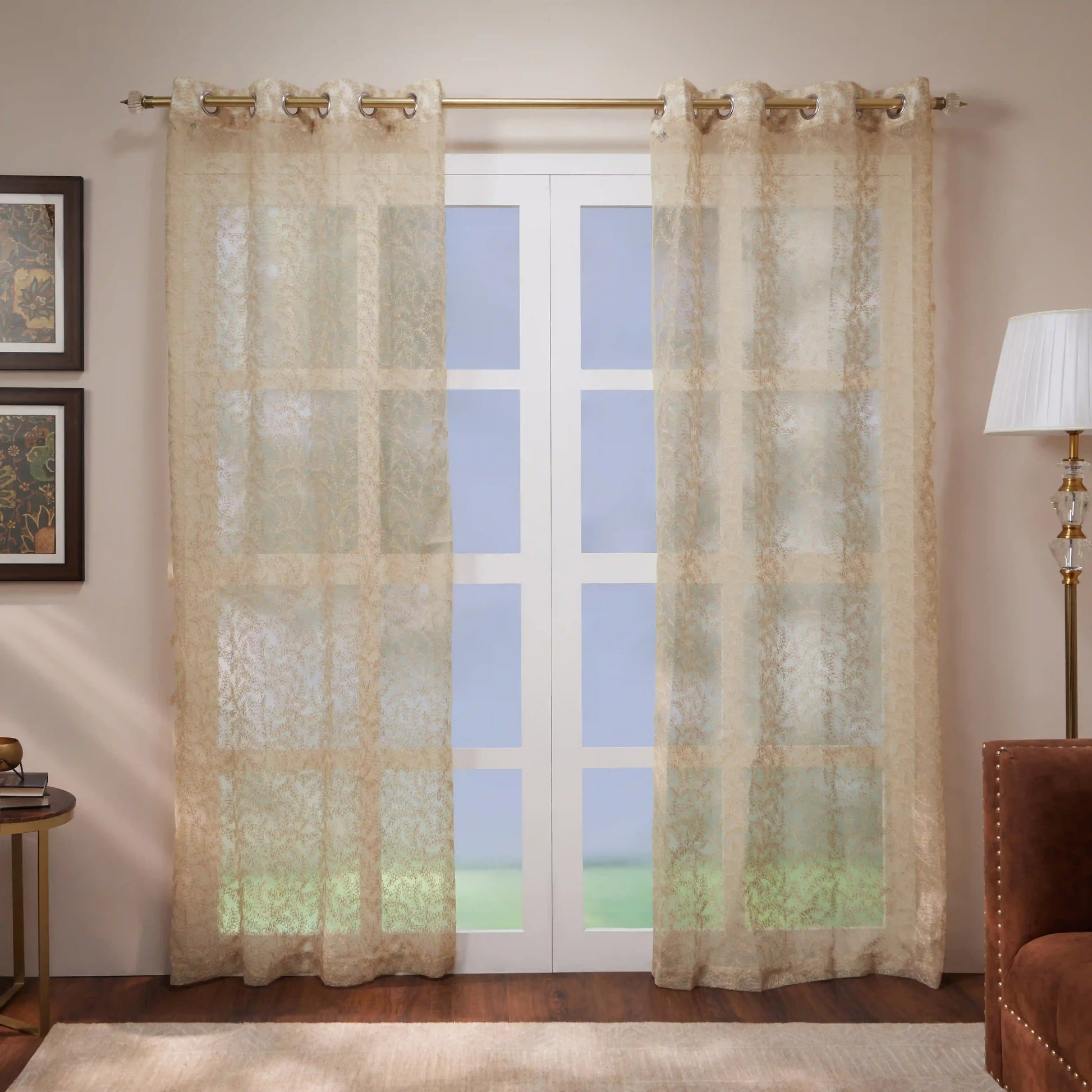 Velina Set Of 2 Embroidered Sheer Readymade Curtains | Urban Forest Stone Mushroom / Door (3.60ft X 7.22ft)