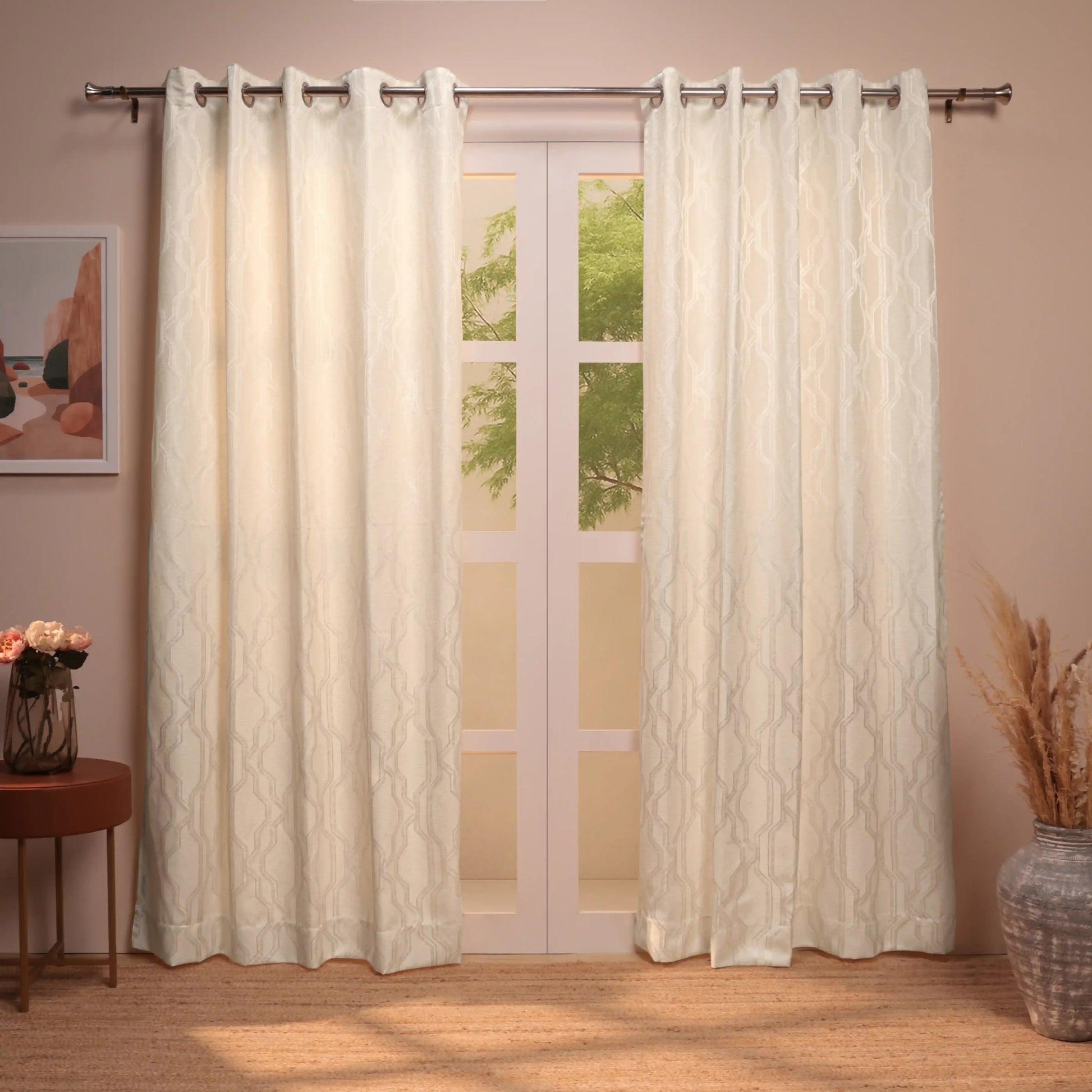 De Jacquard - Classic Set Of 2 Jacquard Readymade Curtains | Abstract Flow Pearl / Door-XL (9ft X 4.4ft)