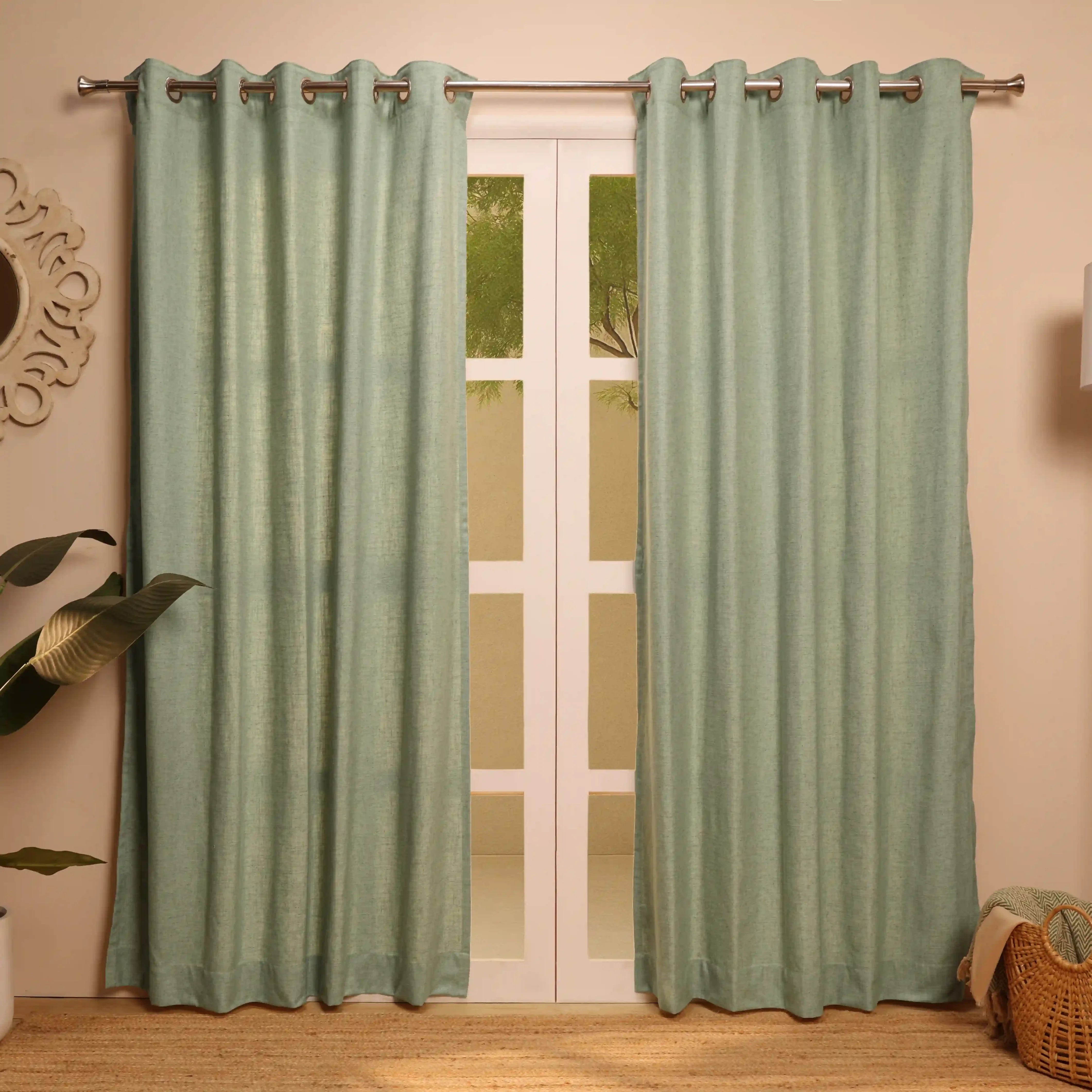 Paleto Set Of 2 Solid Readymade Curtains | Forest Days Sage / Door (7ft X 4.4ft)