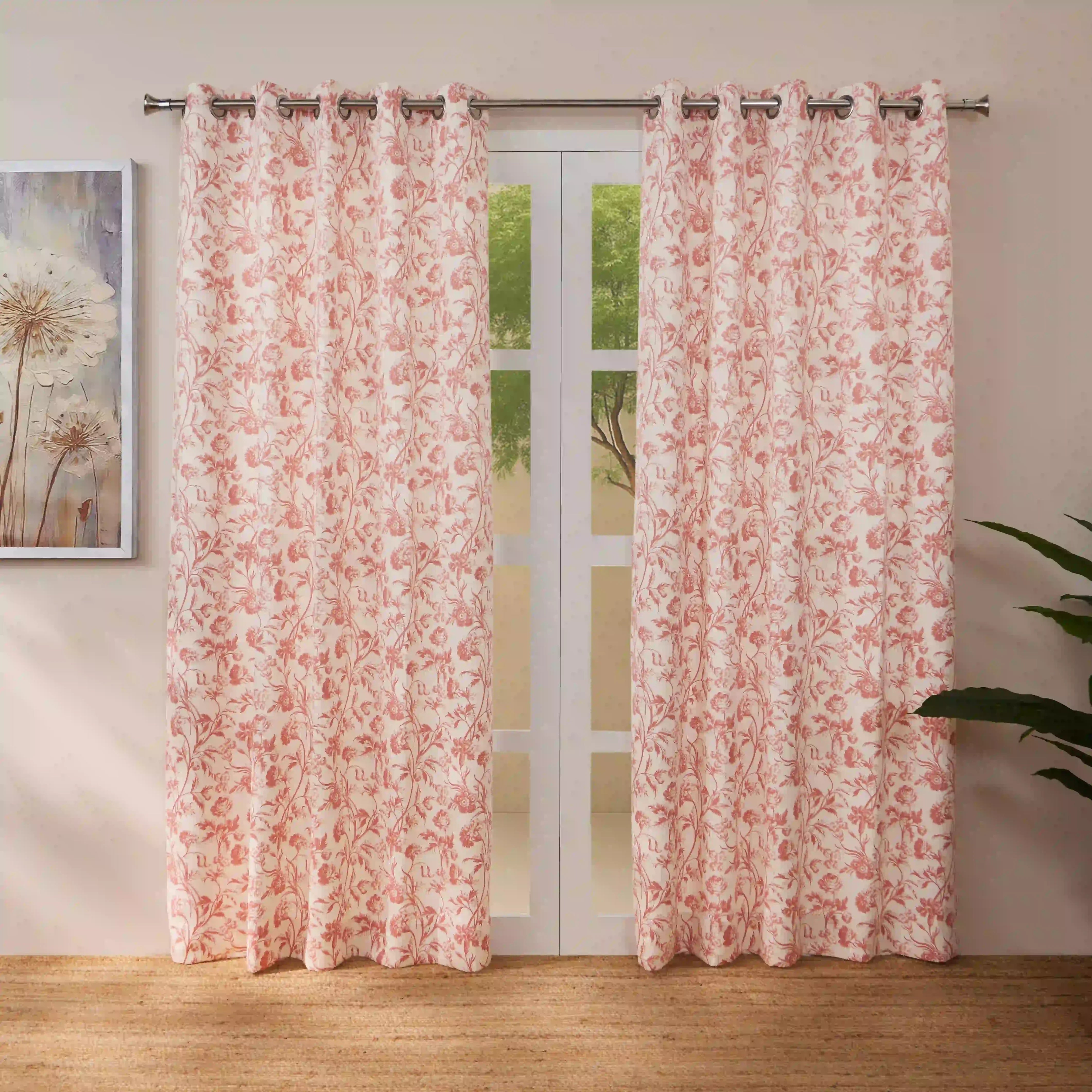 Bloomshire Classic Set Of 2 Printed Readymade Curtains | Shadow Bloom Smoky Rouge / Door-XL (9ft X 4.4ft)