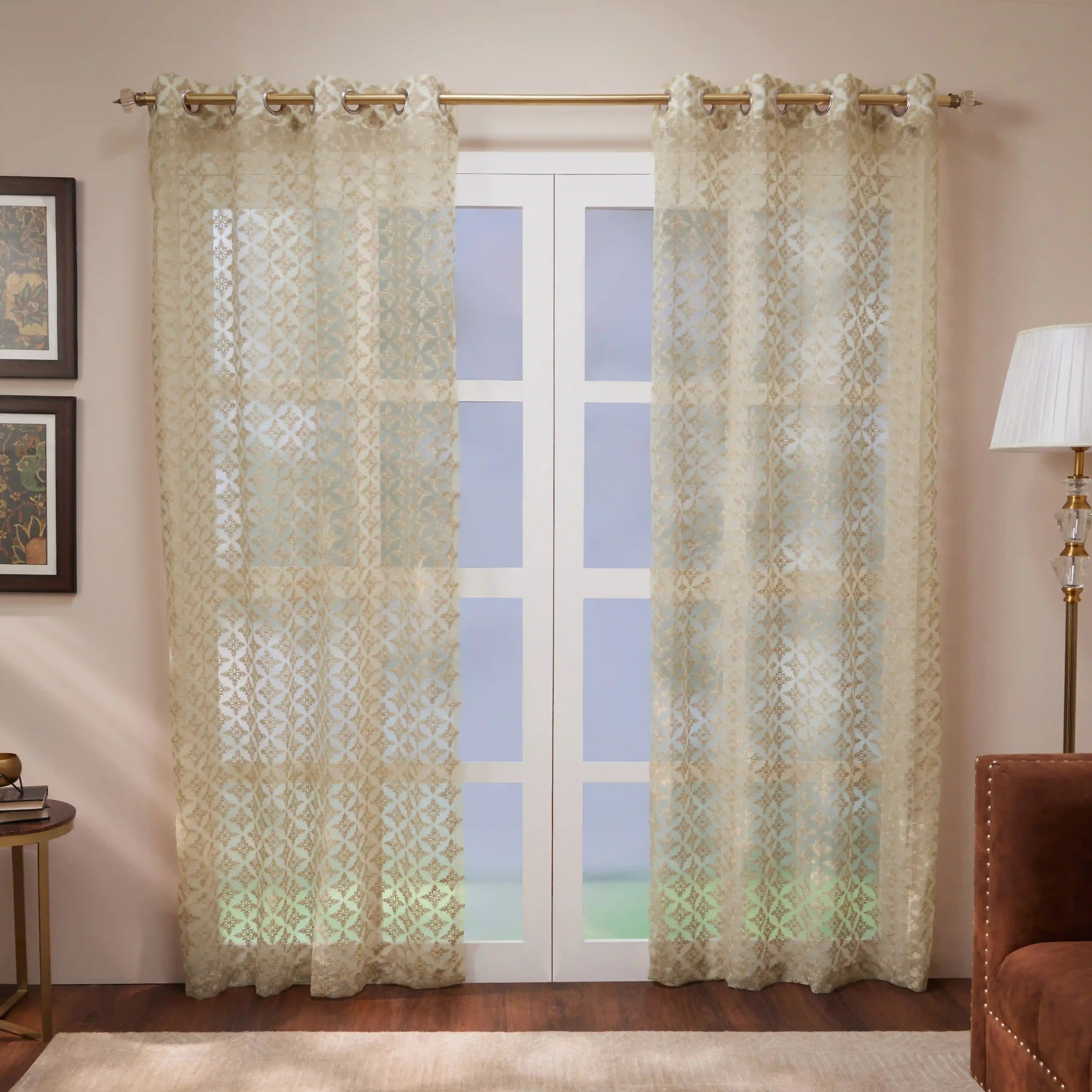 Velina Set Of 2 Embroidered Sheer Readymade Curtains | Royal Jharokha Mushroom Essence / Door (3.60ft X 7.22ft)